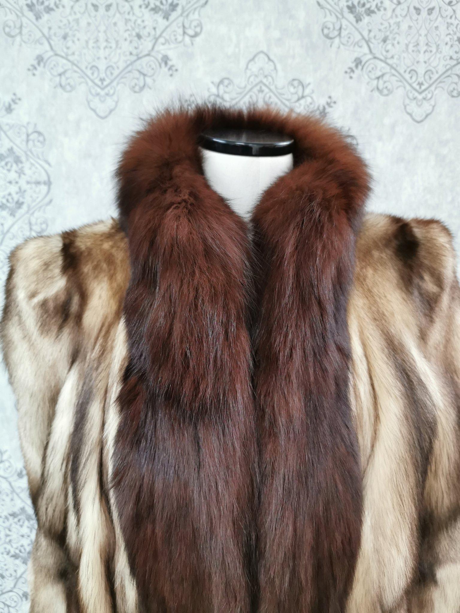 Brown German sable fur coat fox fur trim size 12-14 For Sale