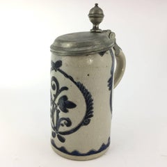 German Saltglaze Stein with Pewter Cover, Incised Flowers, circa 1750