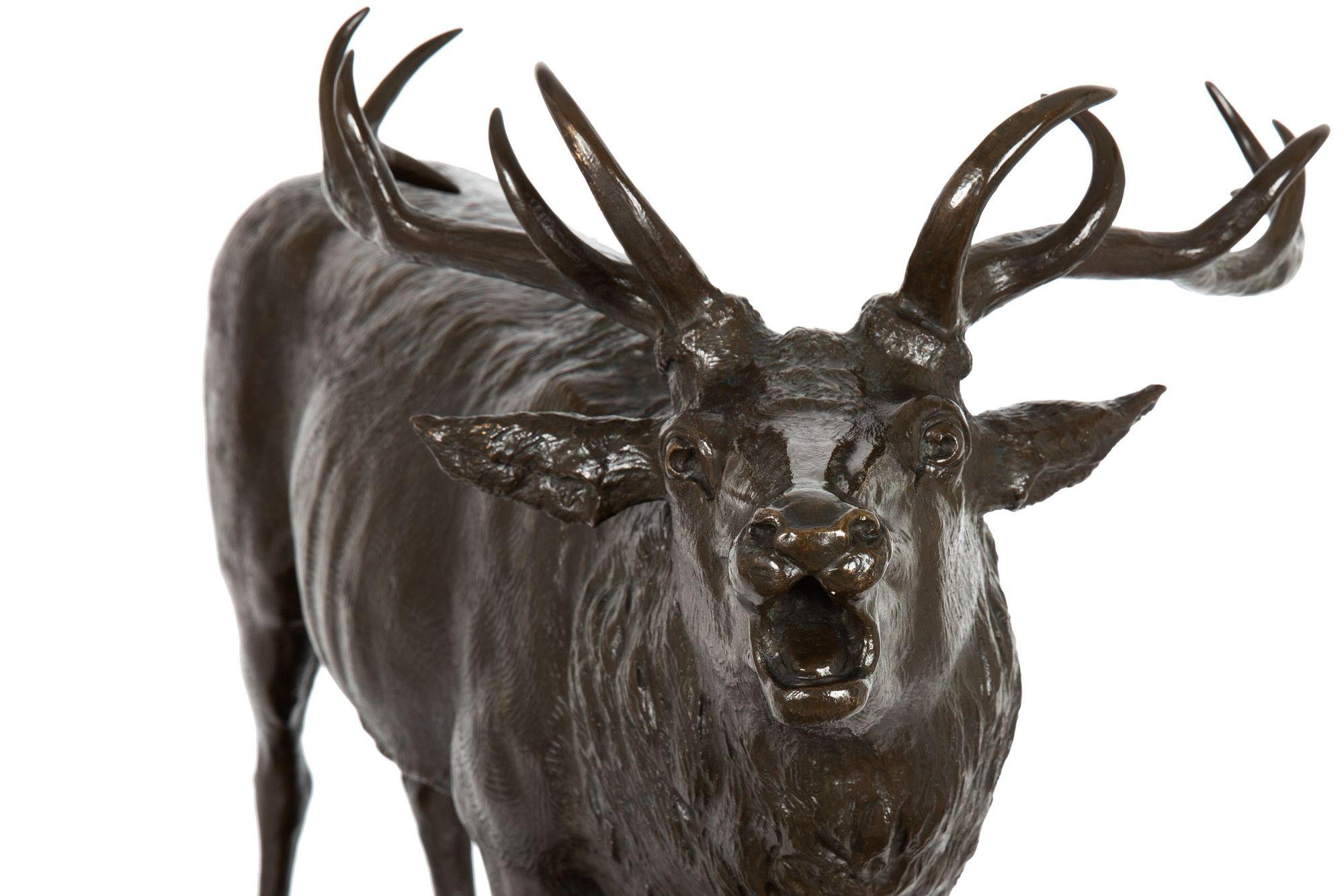 German School Antique Bronze Sculpture of a Barking Elk by Armbruster 8