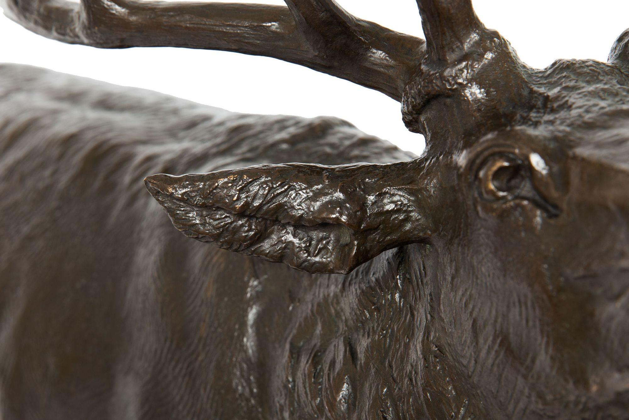 German School Antique Bronze Sculpture of a Barking Elk by Armbruster 11
