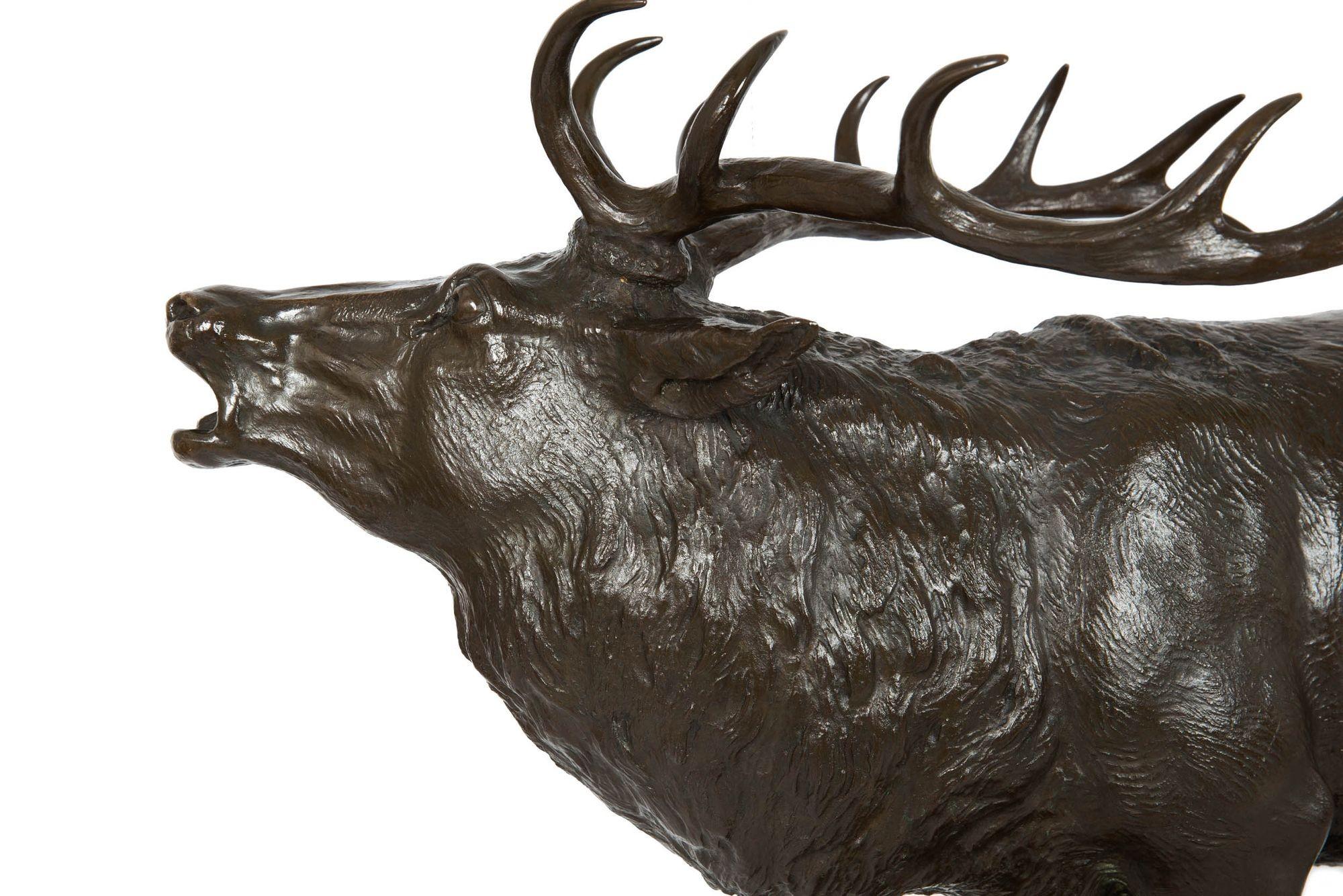 German School Antique Bronze Sculpture of a Barking Elk by Armbruster 3