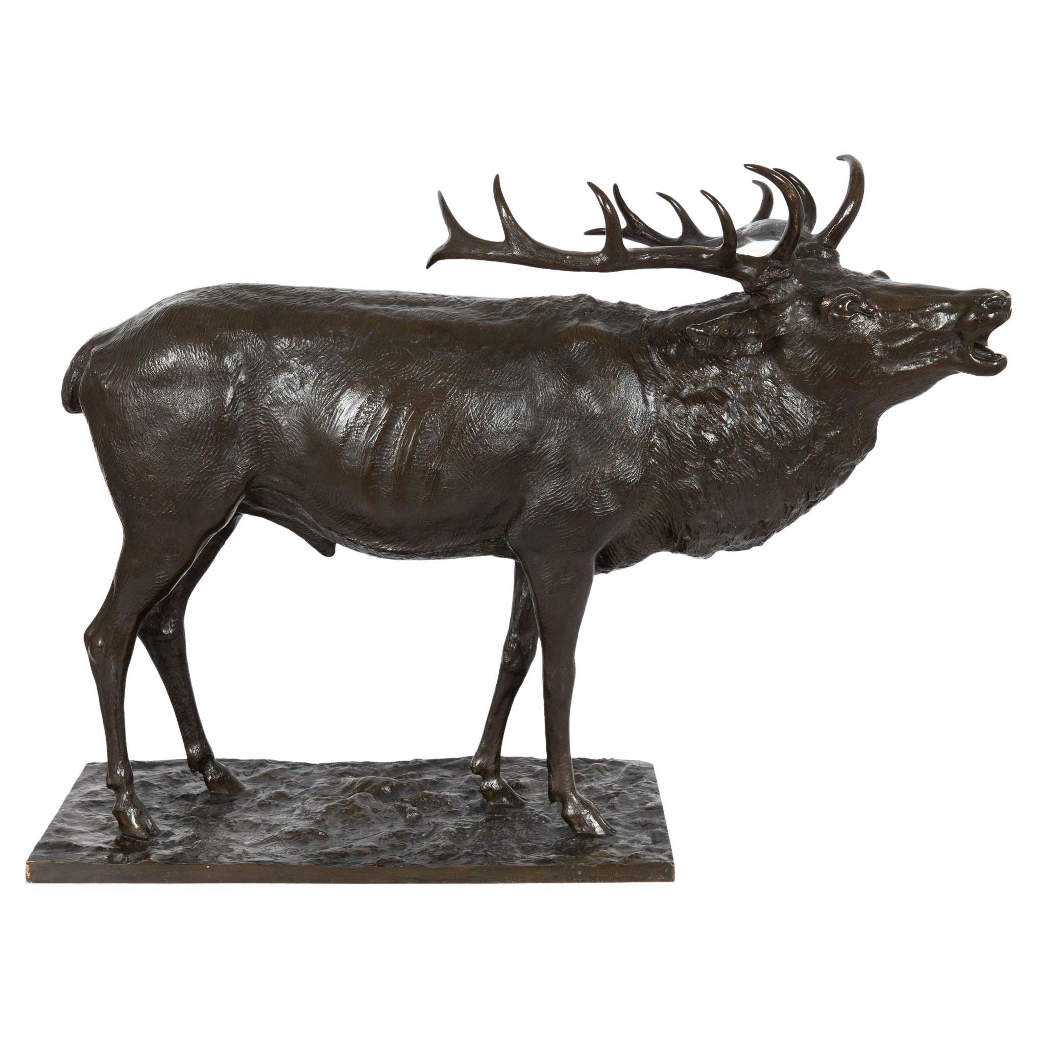 German School Antique Bronze Sculpture of a Barking Elk by Armbruster