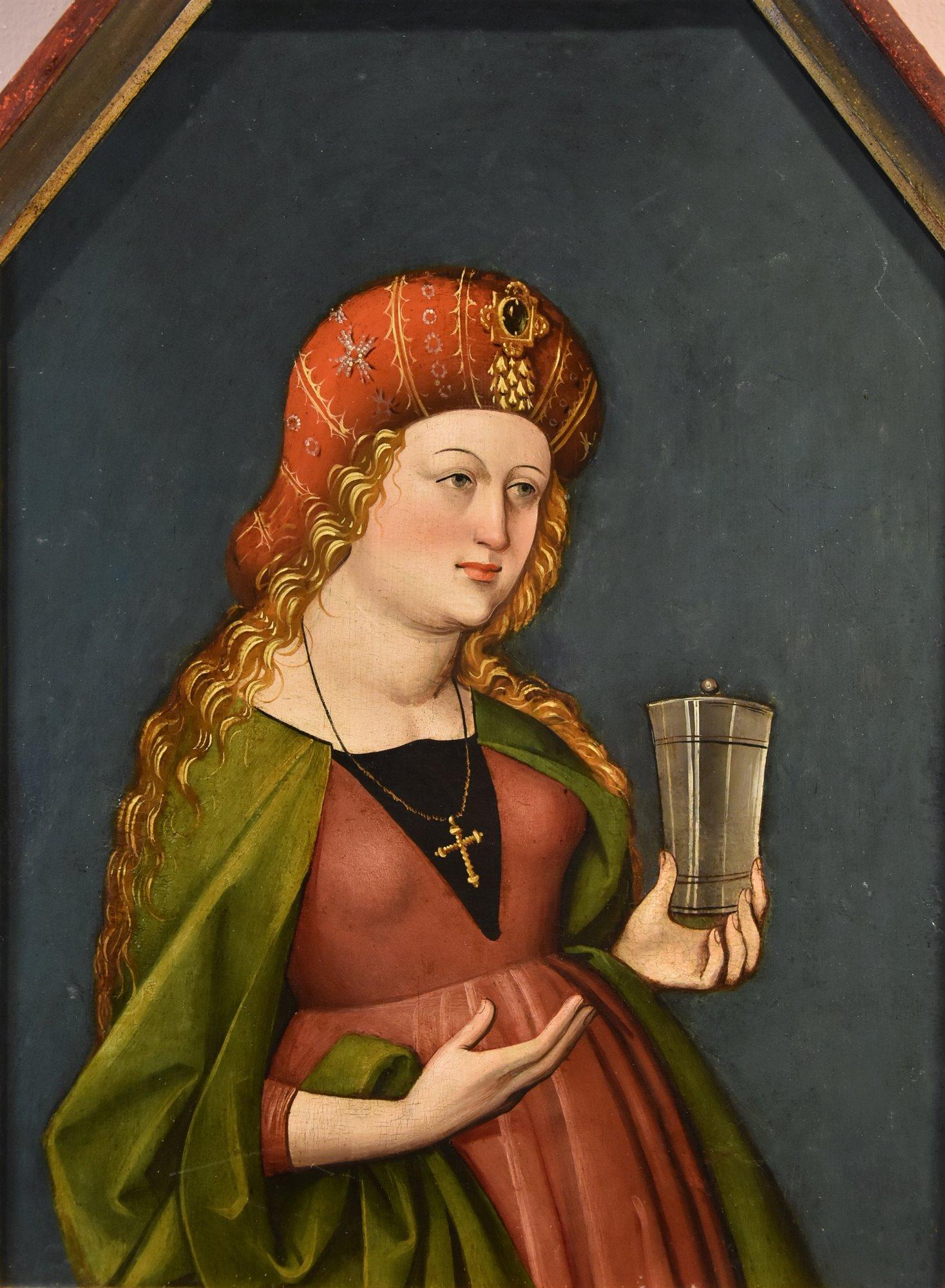 Upper Rhine region, 16th century 

Mary Magdalene  

Oil on panel applied to wooden board 

62 x 52 cm - framed 91 x 55 cm  

On the reverse, sticker referring to the Wallraf Richartz Museum in Cologne (on loan)  

Provenance: Lempertz, Paintings