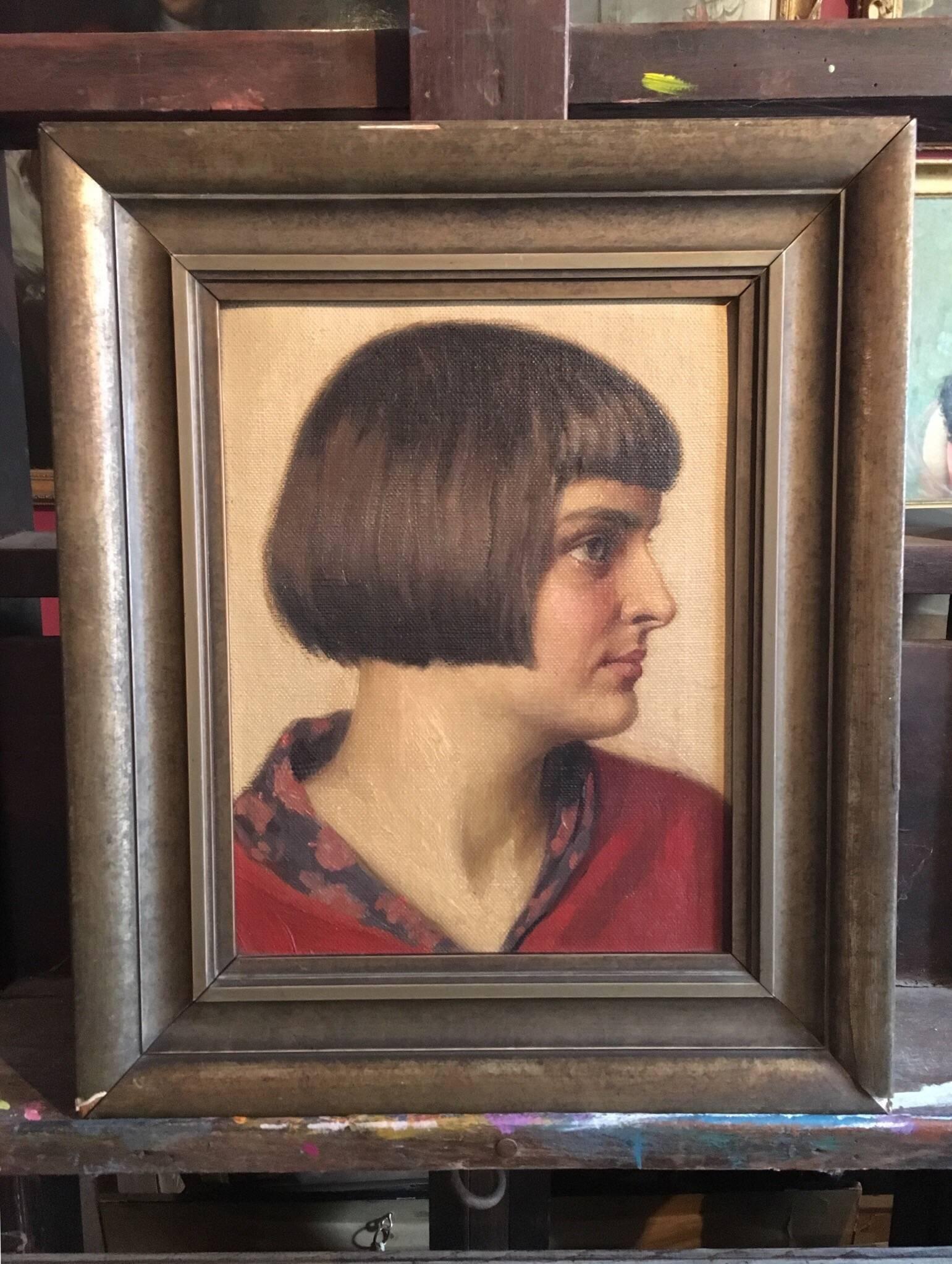 1930’s Portrait of a Stylish Young Lady, Oil Painting - Brown Portrait Painting by Unknown