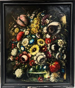 Nature morte classique de fleurs dans un bol en verre, huile sur toile de style maître ancien