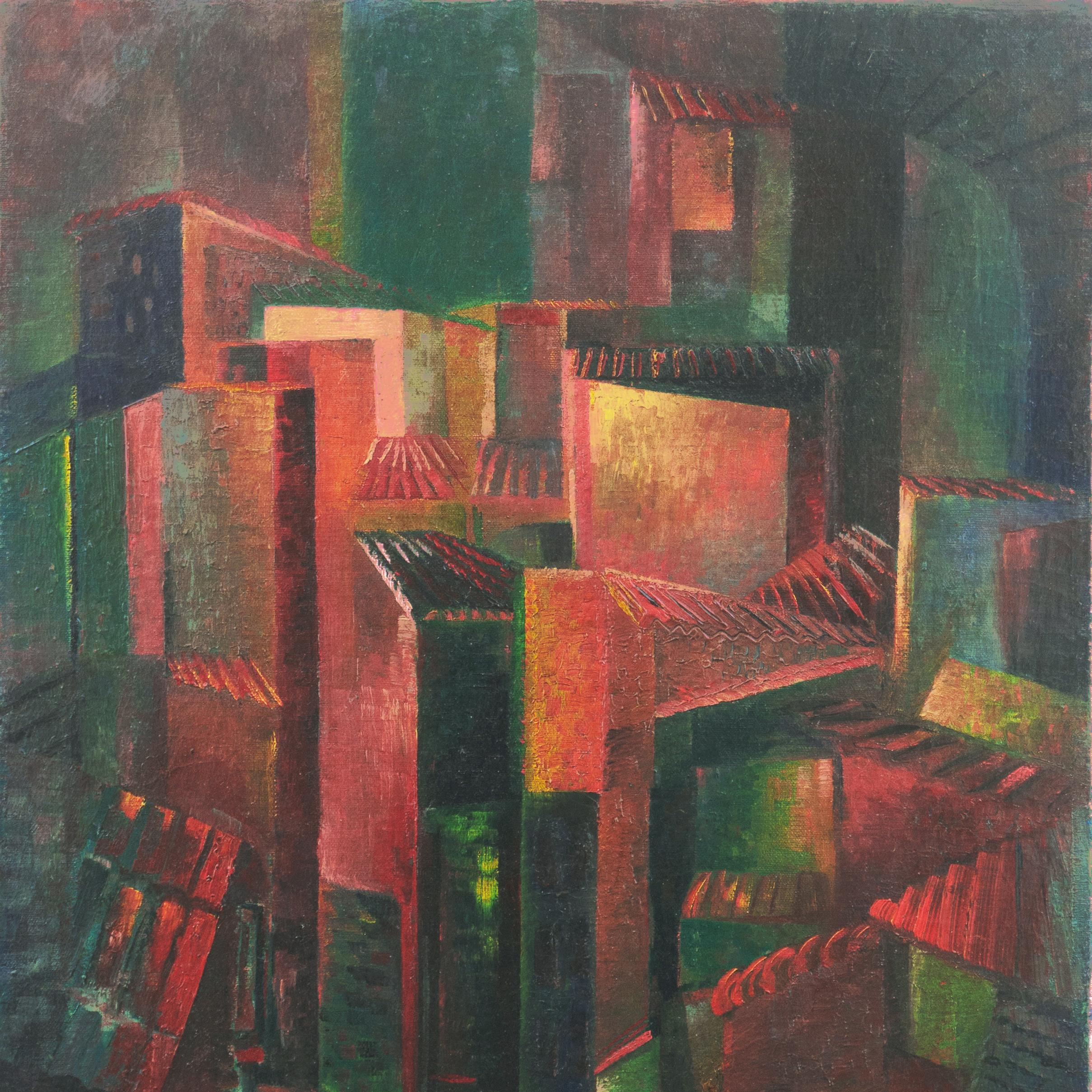 'Expressionist Cityscape', German Avante-Garde Oil, Fritz Laing, Metropolis - Painting by German School