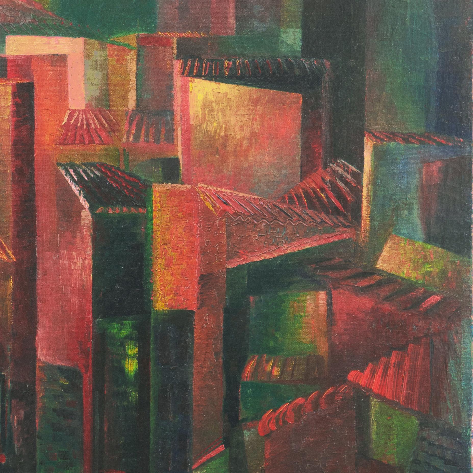 'Expressionist Cityscape', German Avante-Garde Oil, Fritz Laing, Metropolis - Black Landscape Painting by German School