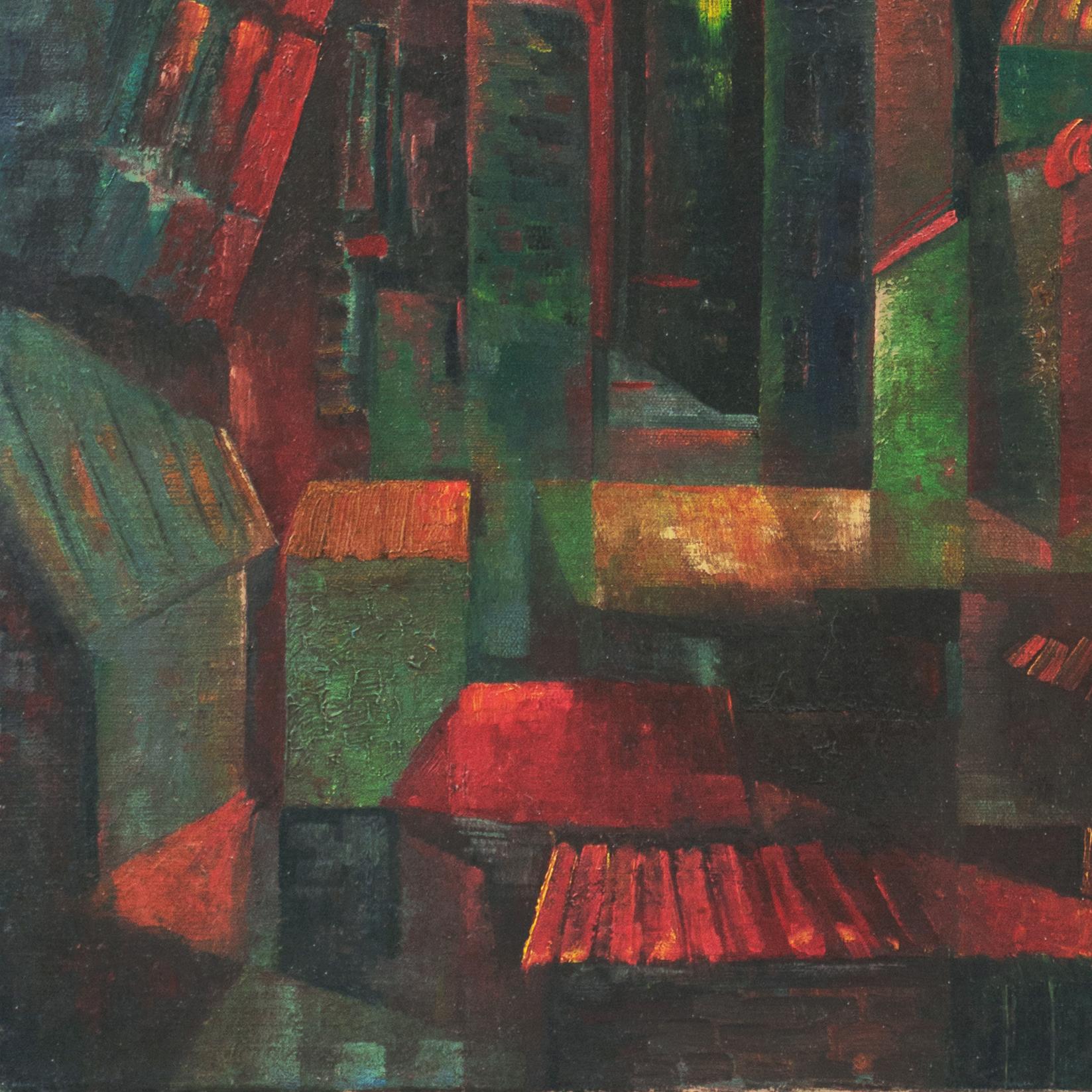 A striking, early twentieth century geometric cityscape comprising vertical architectural forms in tones of green, red and coral. German Expressionist school, unsigned and painted circa 1920.