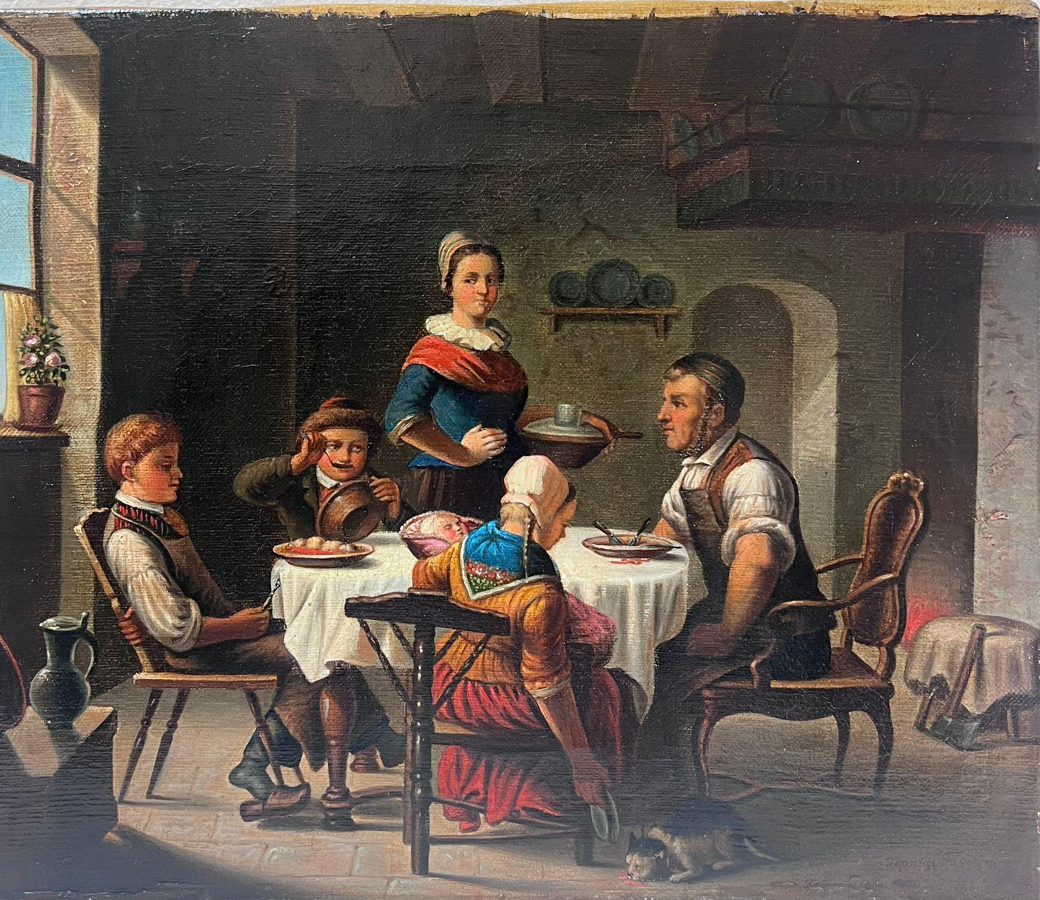 Fine 19th Century Country Cottage Interior Young Family Enjoying Meal Together - Painting by German School