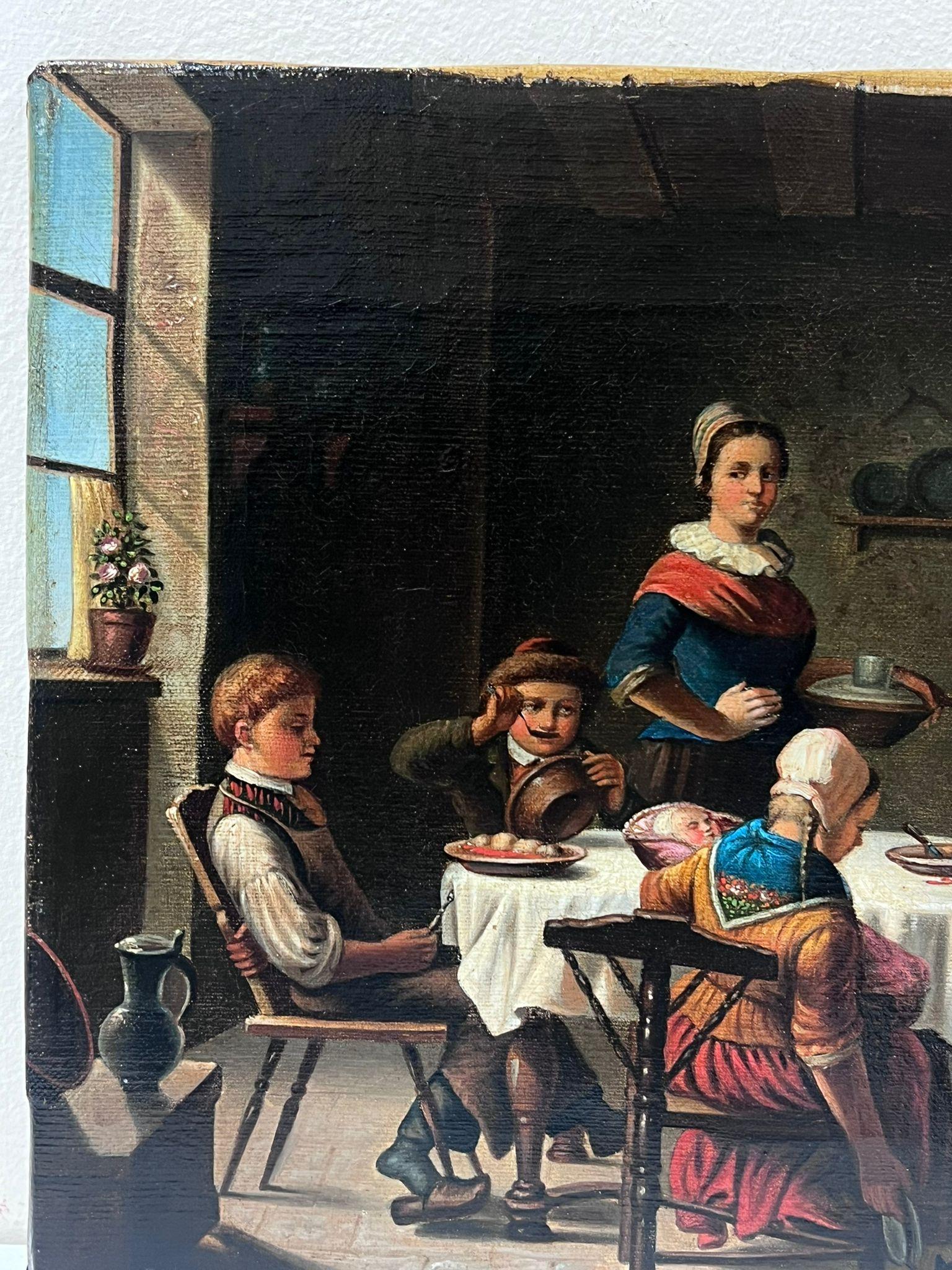 Fine 19th Century Country Cottage Interior Young Family Enjoying Meal Together - Victorian Painting by German School