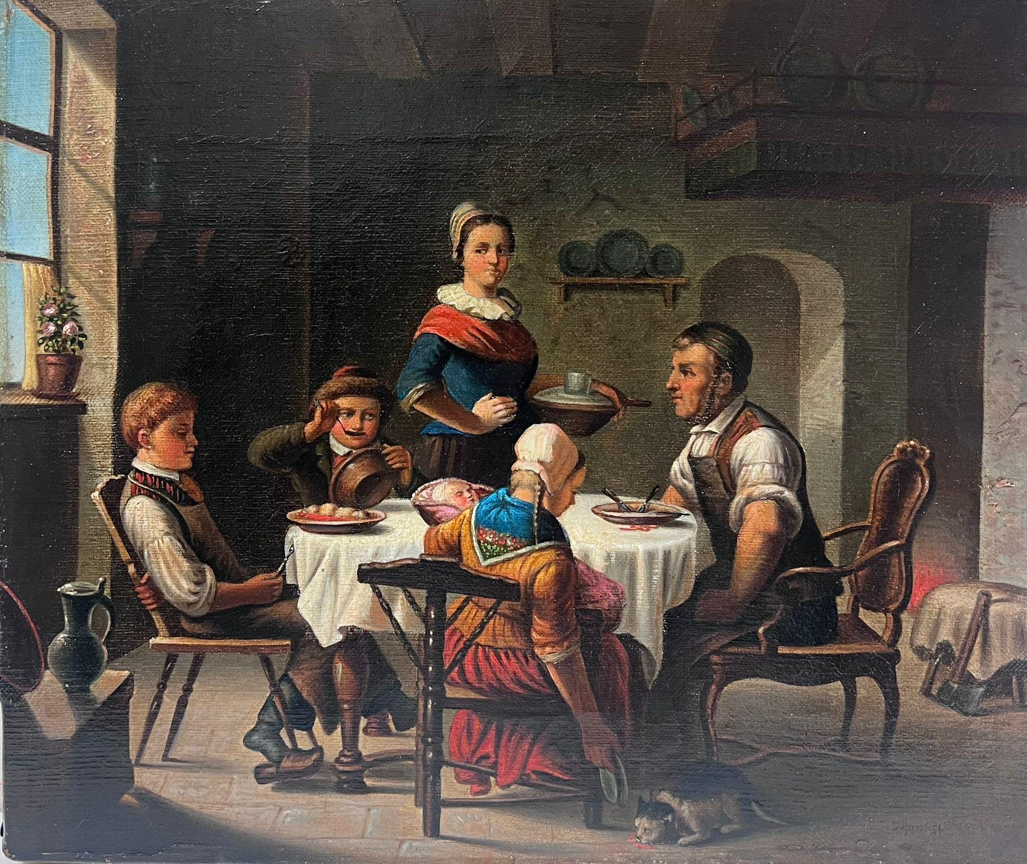 German School Figurative Painting - Fine 19th Century Country Cottage Interior Young Family Enjoying Meal Together