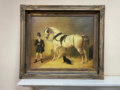 Fine Sporting Art Painting Gentleman with Horse & Dog in Stable Interior