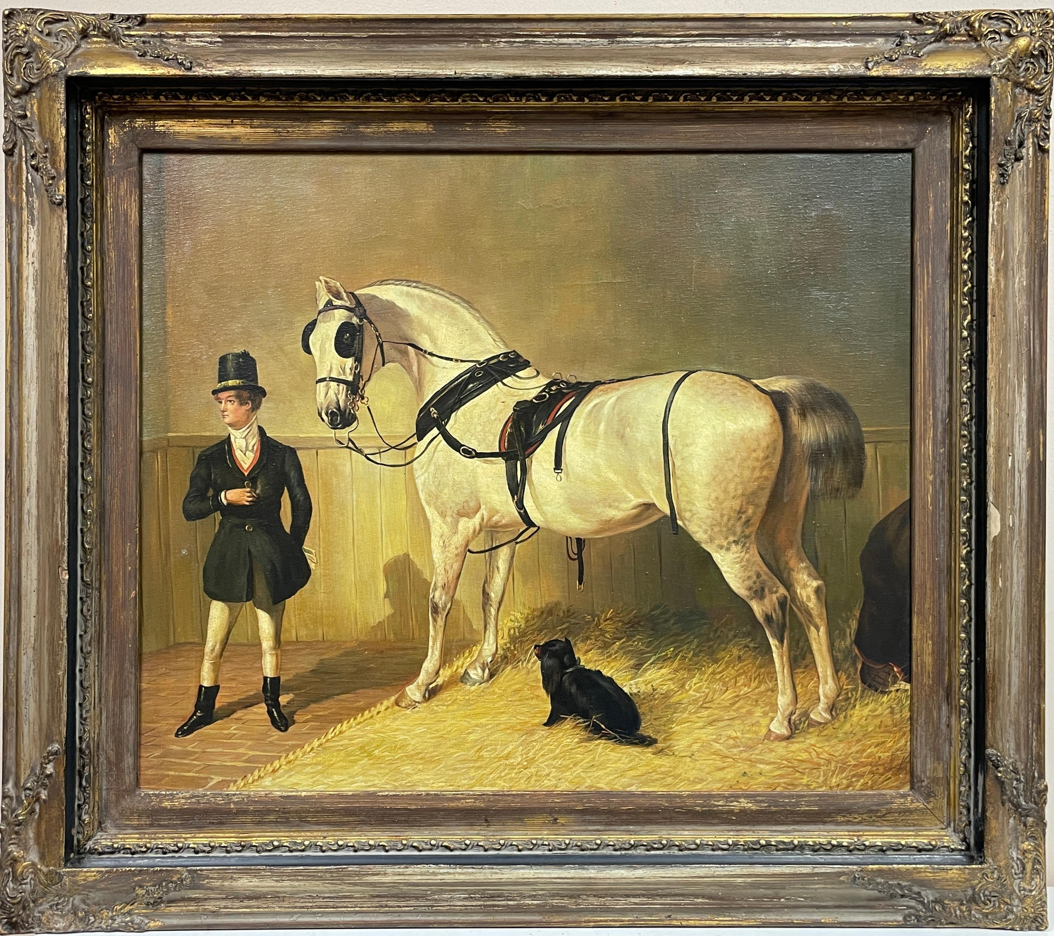 Fine Sporting Art Painting Gentleman with Horse & Dog in Stable Interior 1