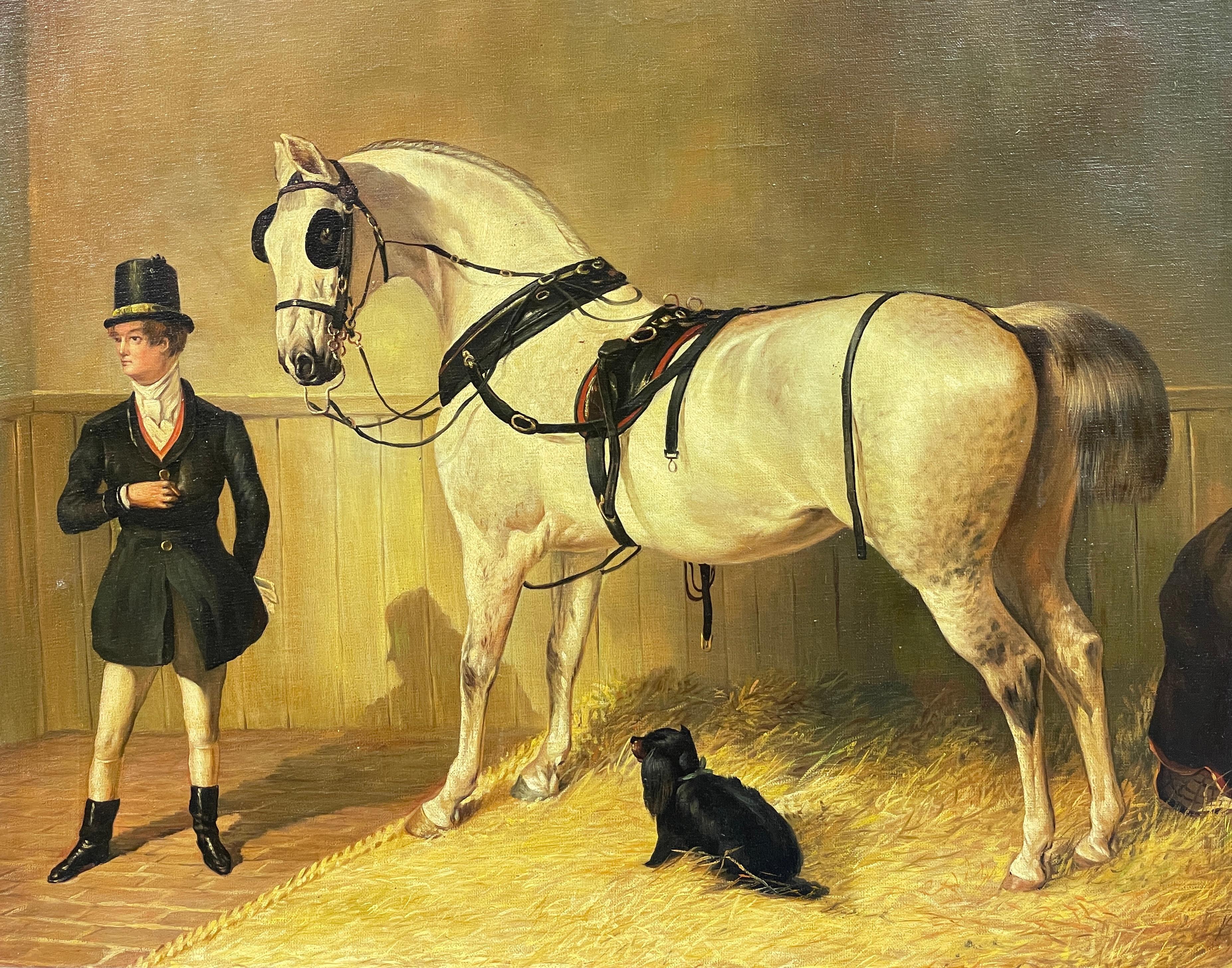 Fine Sporting Art Painting Gentleman with Horse & Dog in Stable Interior 3