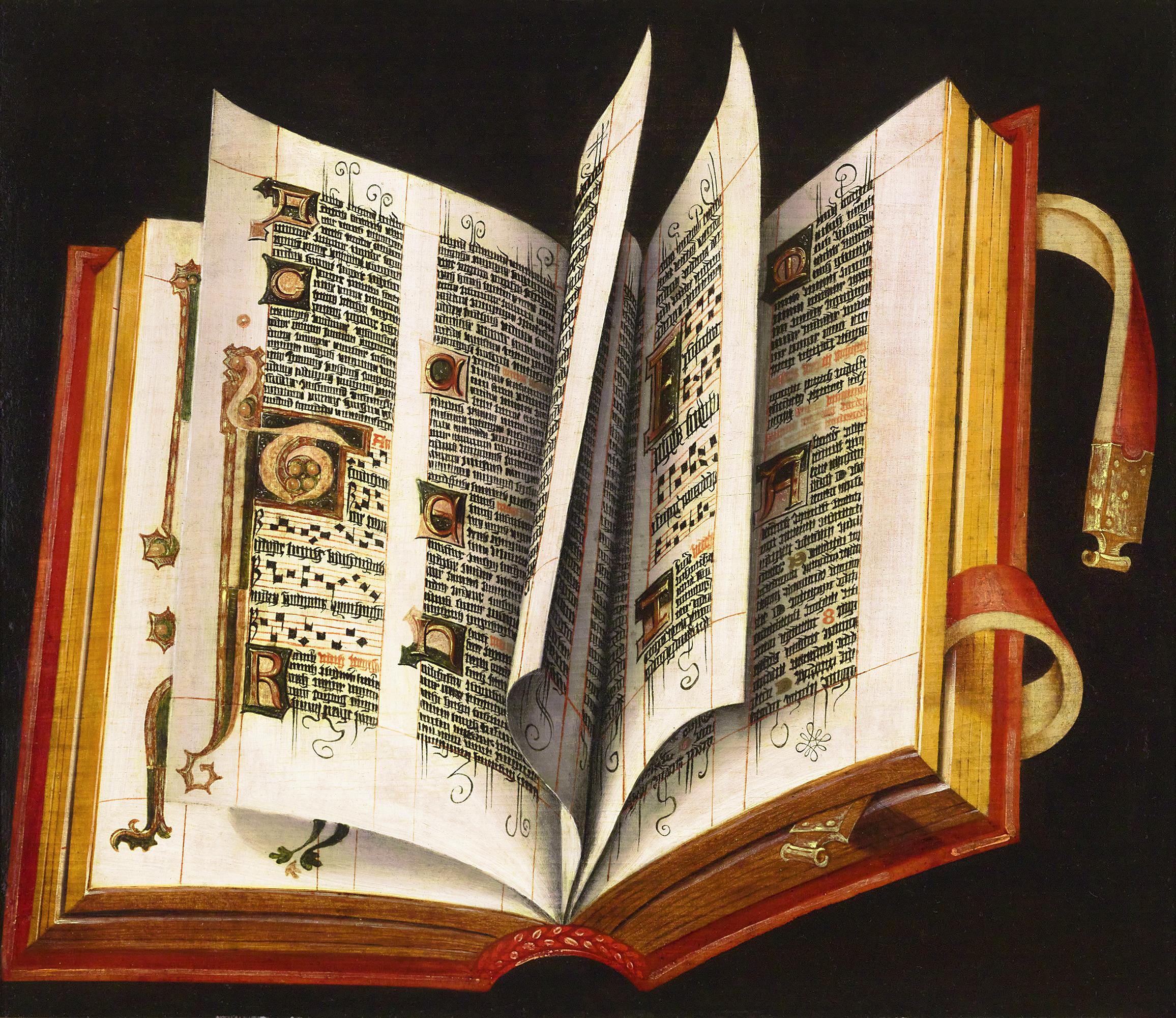 Extraordinary in its beauty and rarity, this early 16th-century German painting of an illuminated manuscript showcases a masterful trompe l’oeil effect. Unequivocally among the finest of only 17 known works of its kind, the oil on panel is both rare