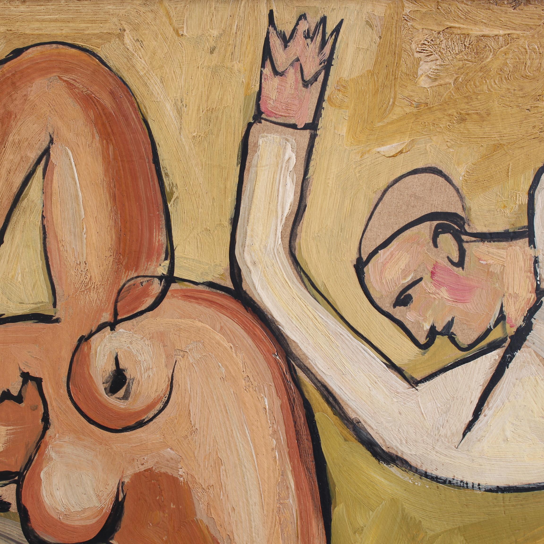 'Kneeling Nude and Mysterious Figure', Berlin School after Picasso - Beige Abstract Painting by Unknown