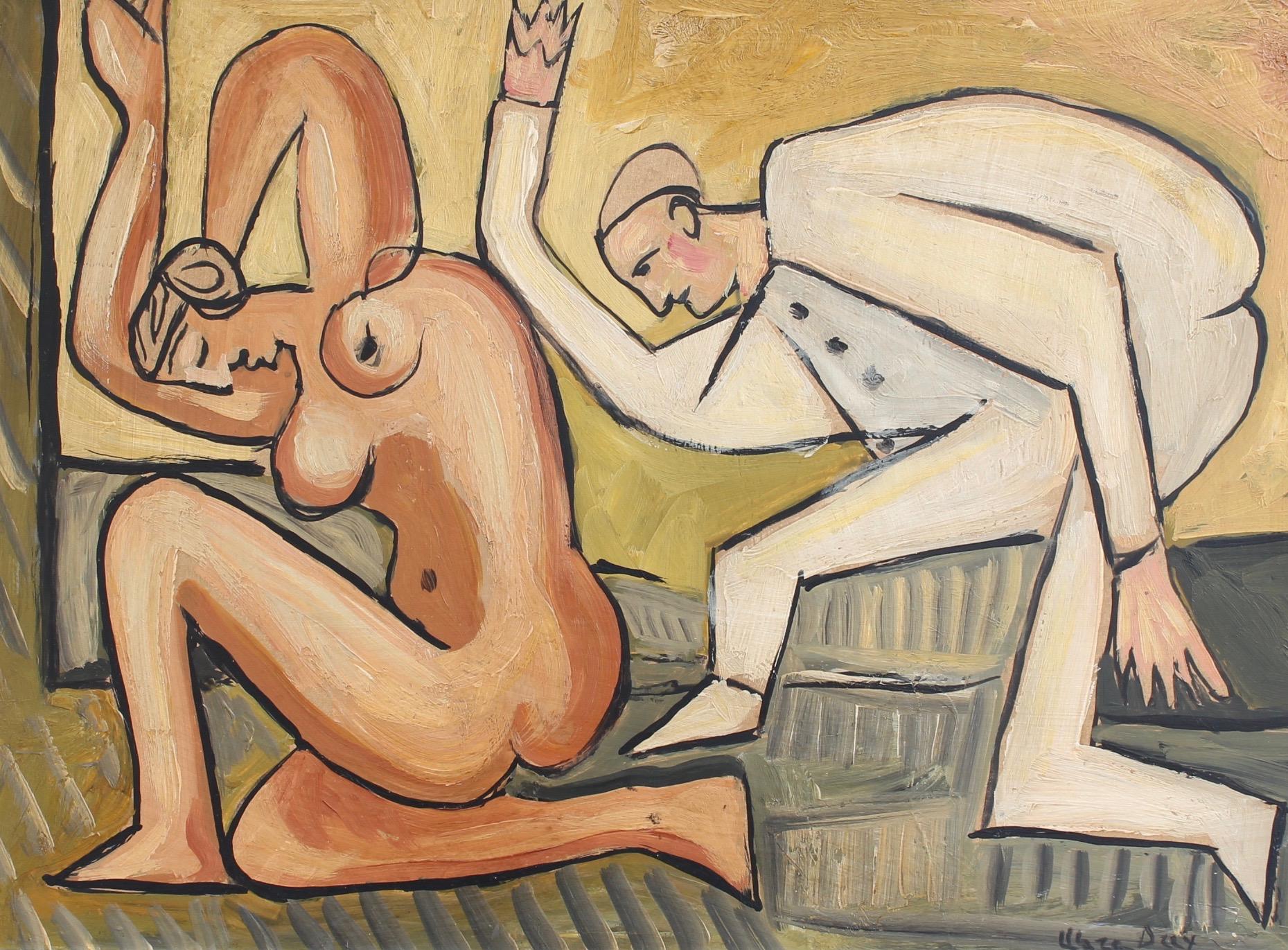 Unknown Abstract Painting - 'Kneeling Nude and Mysterious Figure', Berlin School after Picasso
