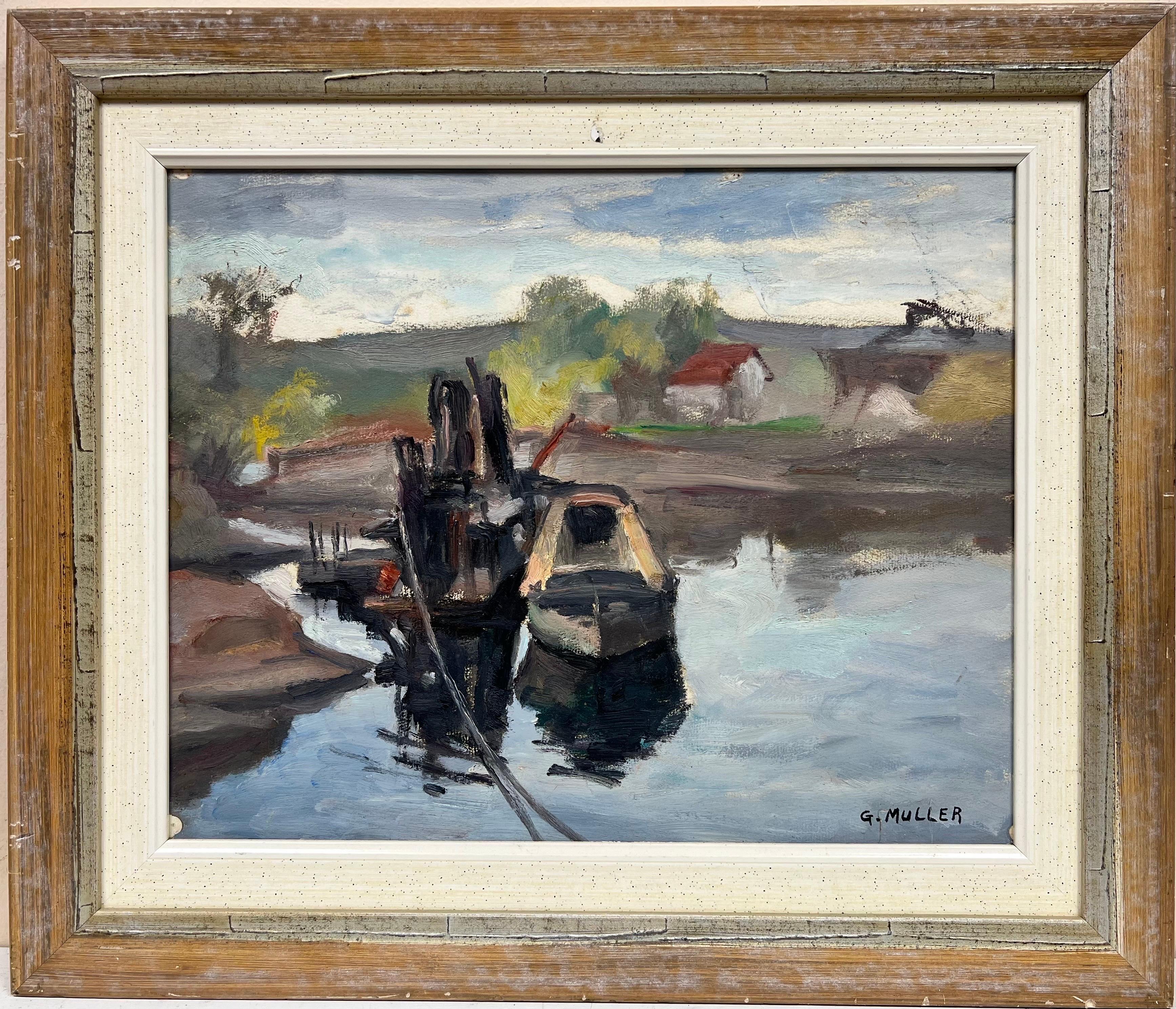 Mid 20th Century German Signed Oil Moody & Atmospheric Boats on River, signed - Painting by German School