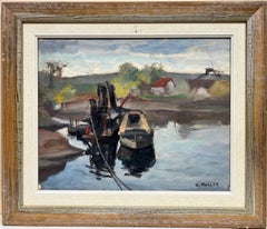 Mid 20th Century German Signed Oil Moody & Atmospheric Boats on River, signed
