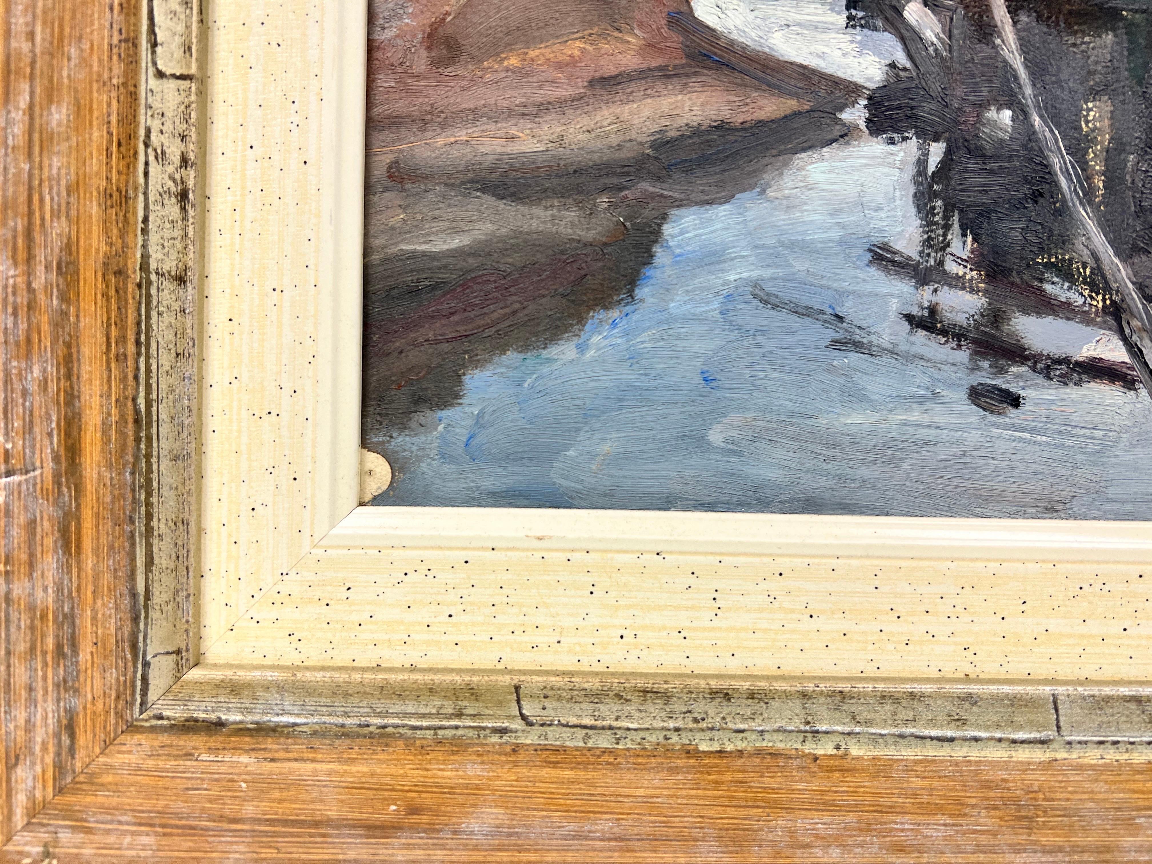 Artisten/Schule: Deutsche Schule, Mitte 20. Jahrhundert, signiert von G. Muller

Titel: Vertäute Boote auf dem Fluss

Medium: Öl auf Papier auf Karton, gerahmt

Gerahmt: 18 x 21 Zoll
Gemälde: 13 x 16 Zoll

Provenienz: Privatsammlung,