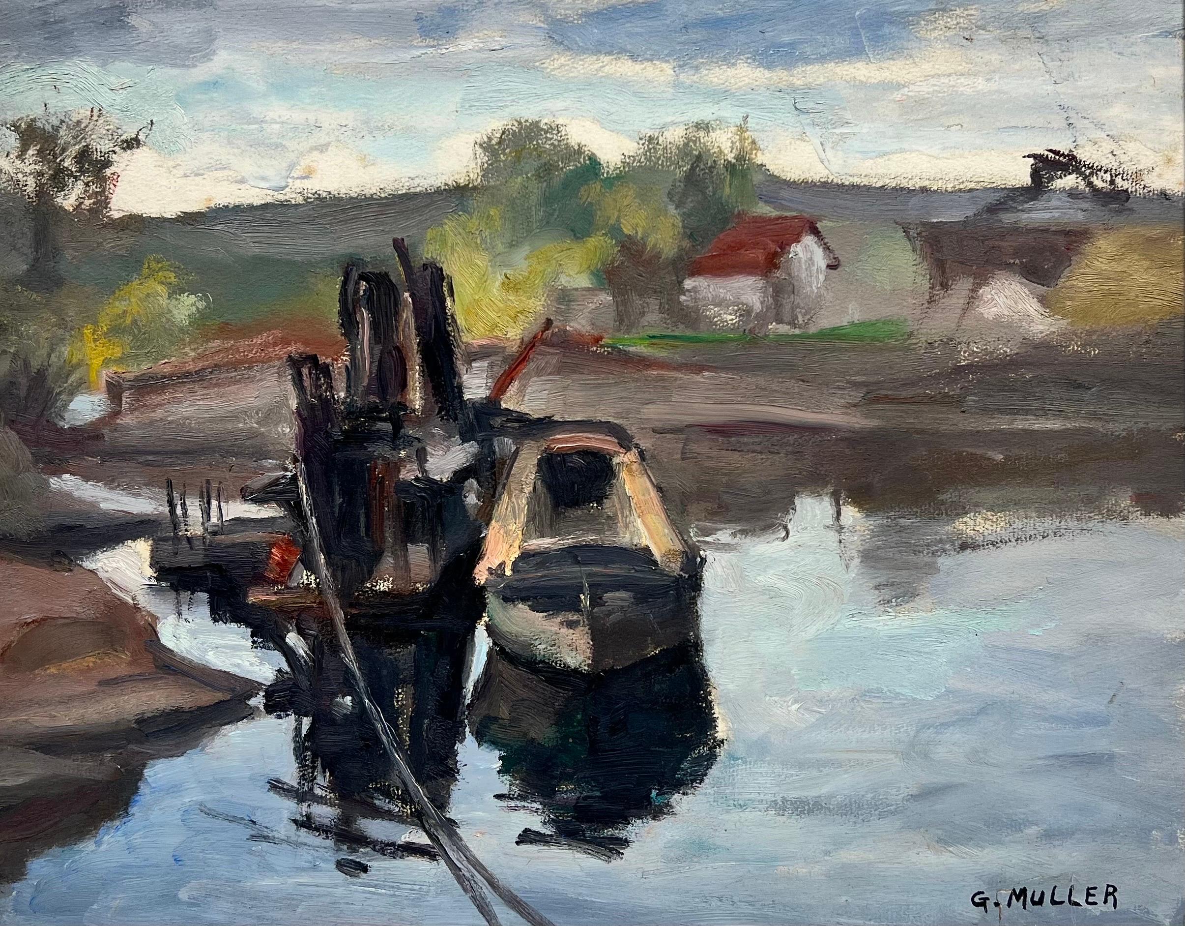 German School Landscape Painting - Mid 20th Century German Signed Oil Moody & Atmospheric Boats on River, signed