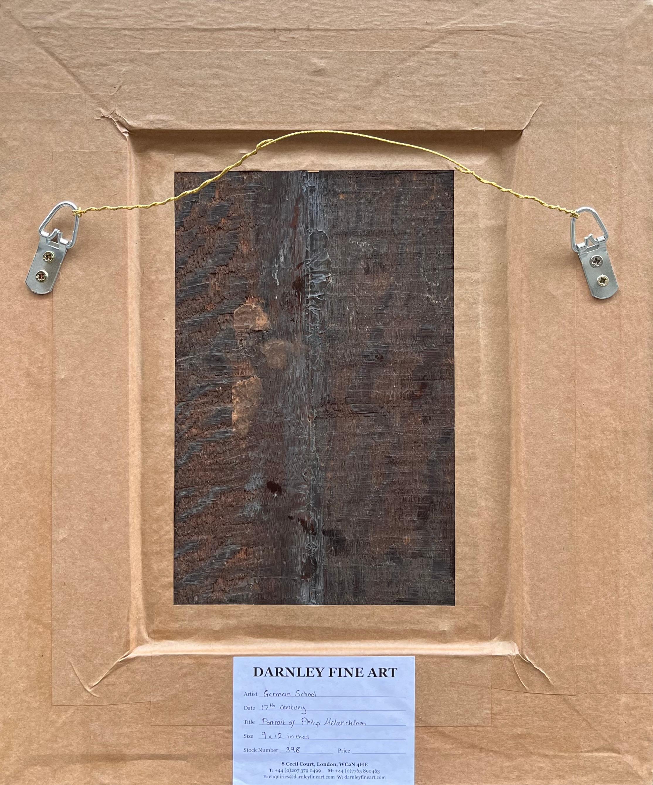 German School
17th Century
Portrait of Philip Melanchthon
Oil on panel, unsigned
Image size: 9 x 12 inches (22.6 x 30.3 cm)

This charming portrait depicts Philip Melanchthon, the acclaimed Lutheran reformer, in the Netherlandish portrait style.