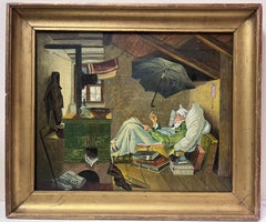 El Poeta Pobre Antiguo Óleo Alemán según la famosa obra de Carl Spitzweg