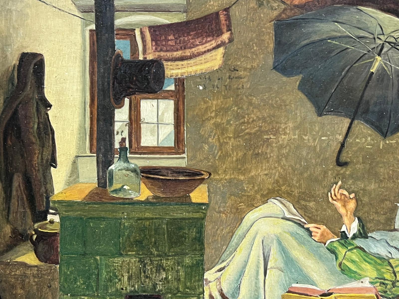 The Poor Poet Antique German Oil Painting after the famous Carl Spitzweg work For Sale 1