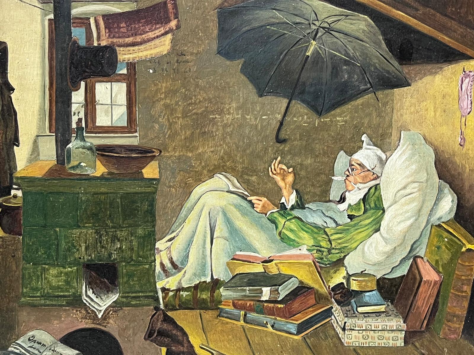 The Poor Poet Antique German Oil Painting after the famous Carl Spitzweg work For Sale 2