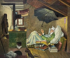 El Poeta Pobre Antiguo Óleo Alemán según la famosa obra de Carl Spitzweg