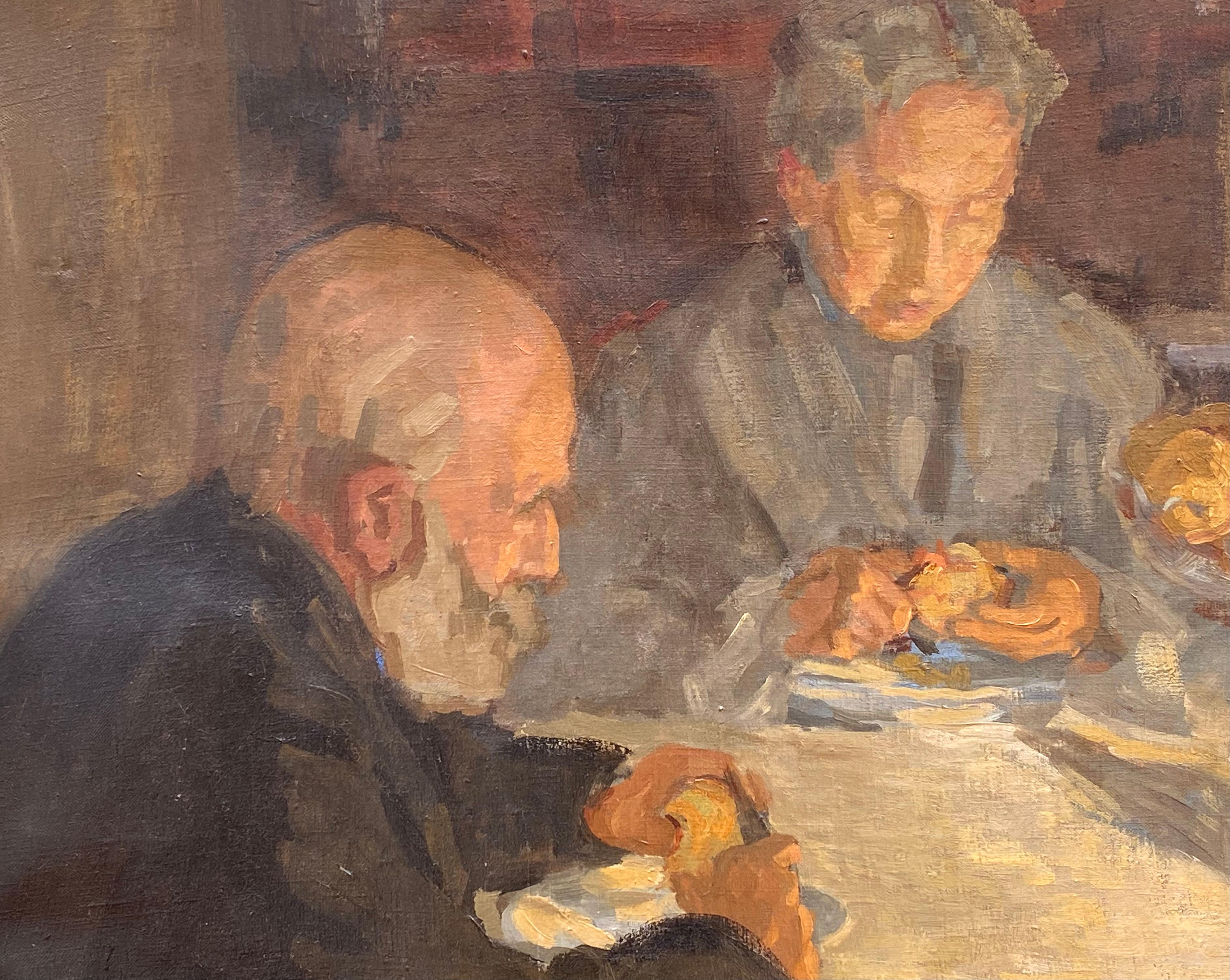 Pintura original al óleo sobre lienzo de un hombre y una mujer pelando patatas atentamente en una mesa. Sin firma visible.  Vieja etiqueta de galería en alemán en el verso, fechada en 1934 El estado es bueno. El cuadro se encuentra en su marco