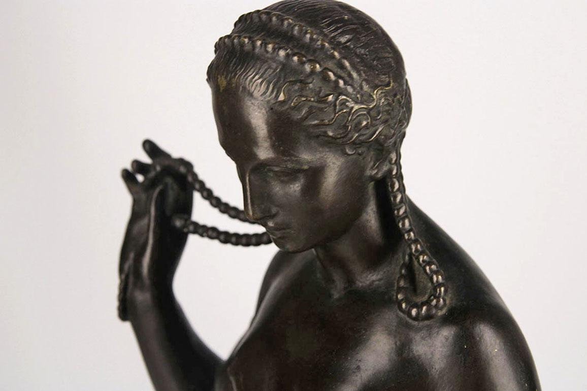 Jugendstil German Bronze Sculpture of a Nude Woman with Seashell by Lauchhammer In Fair Condition For Sale In North Miami, FL