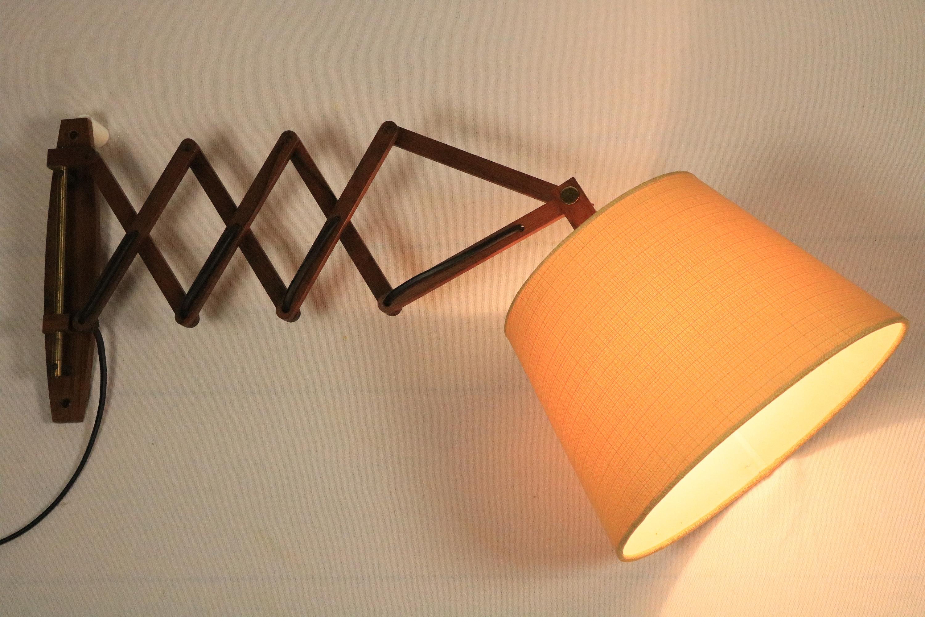 Scandinavian Modern German Scissor Wall Light, Wood,  Fabric Lampshade 1970s For Sale