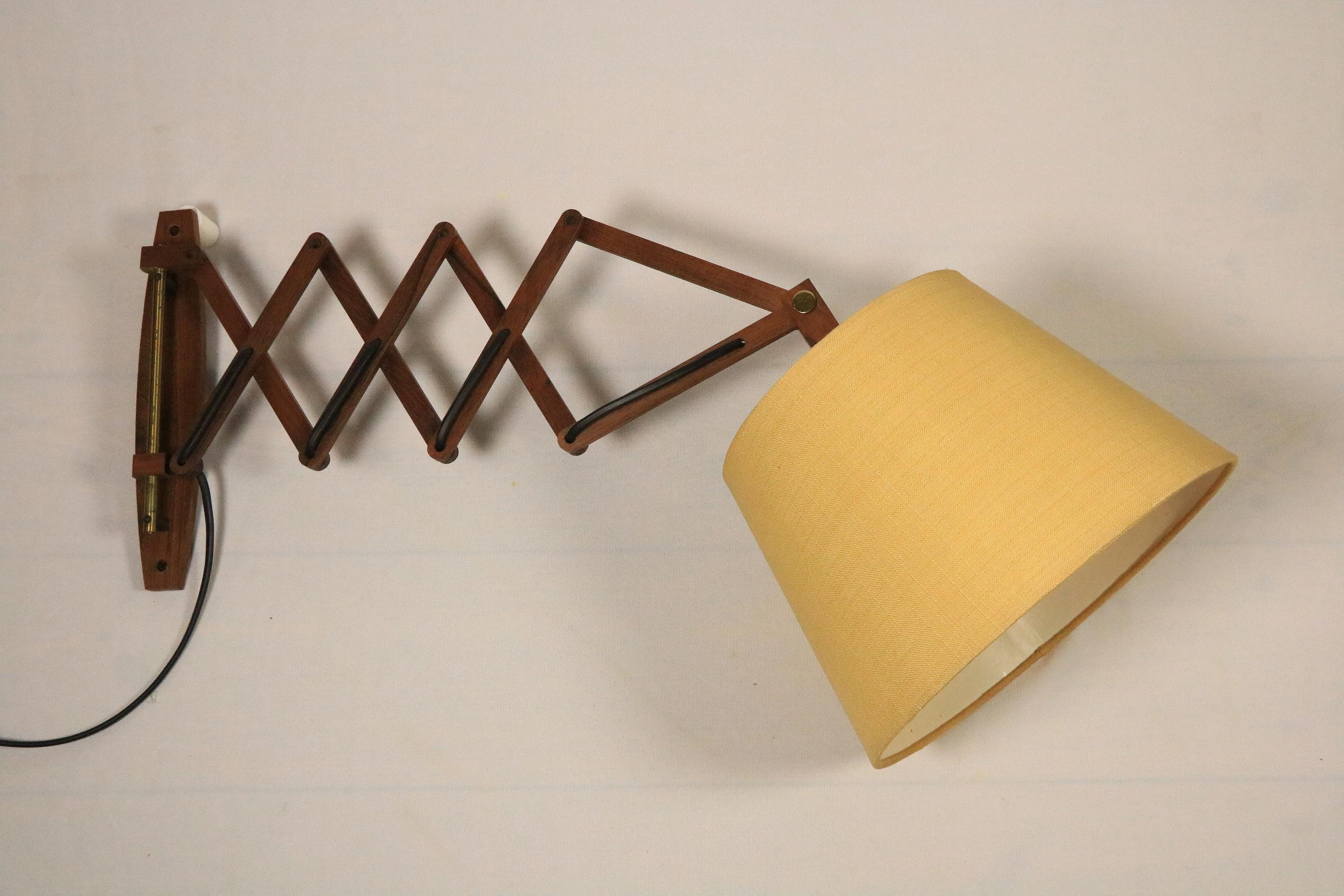 Late 20th Century German Scissor Wall Light, Wood,  Fabric Lampshade 1970s For Sale