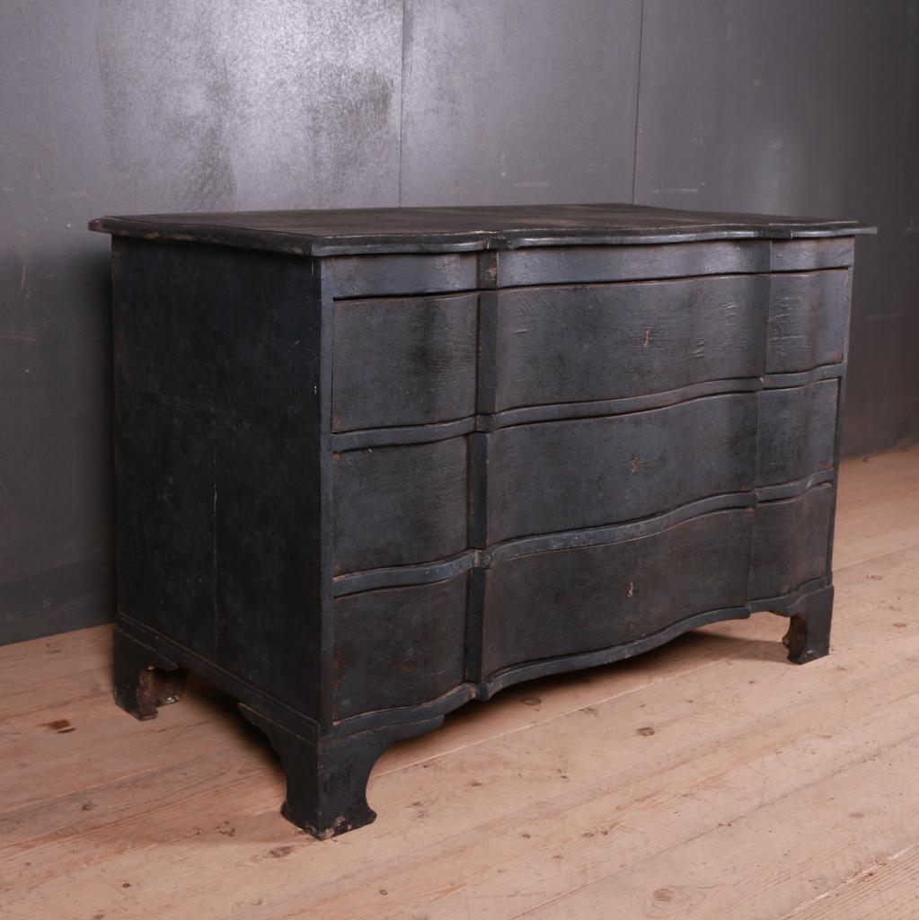 Low 18th century serpentine front commode, 1780.

Awaiting brass handles.

Dimensions
49.5 inches (126 cms) wide
26.5 inches (67 cms) deep
33 inches (84 cms) high.