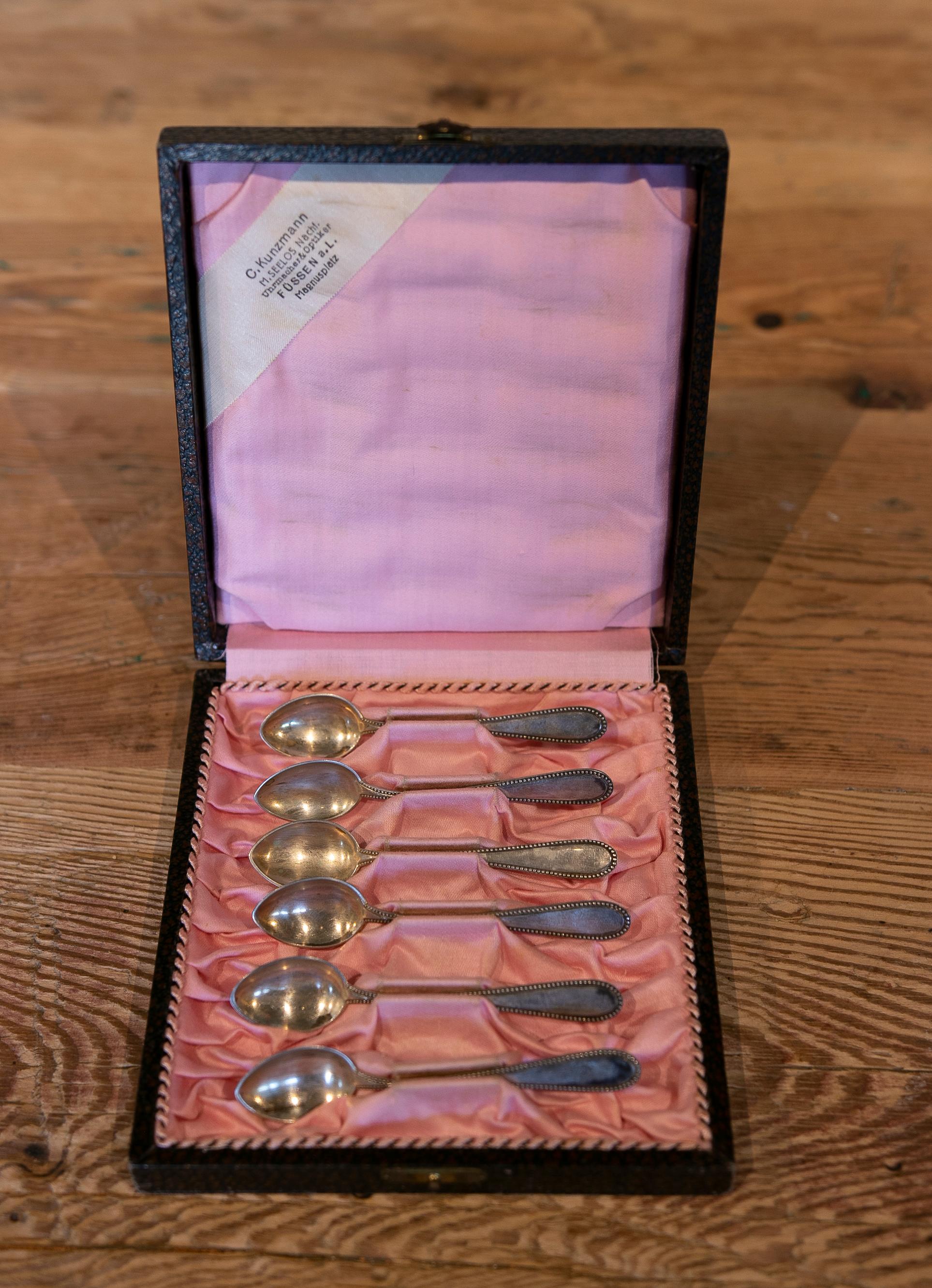 German Set of Six Silver Spoons in Case For Sale 1