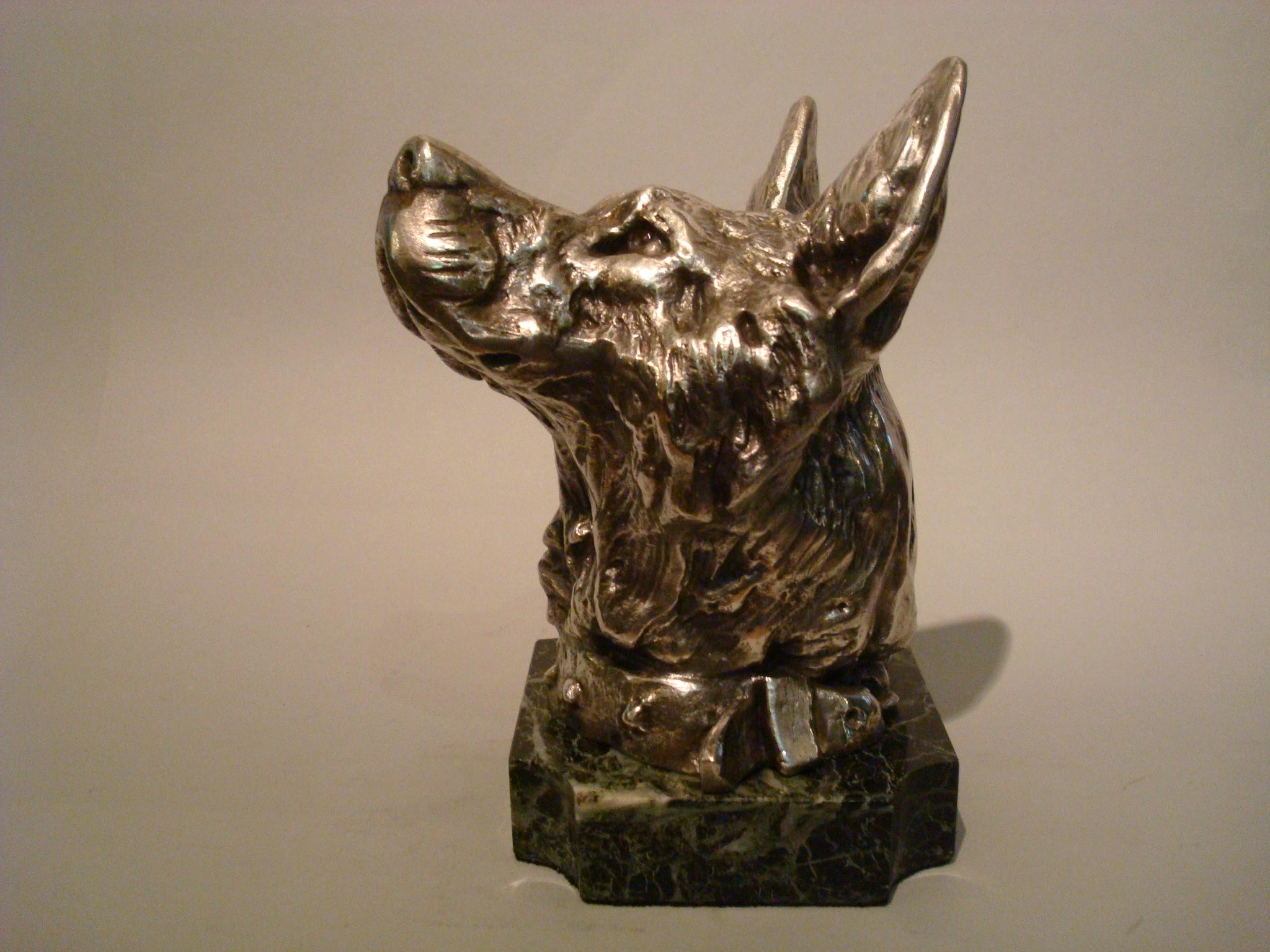 German shepherd dog bust paperweight sculpture / France, 1910. Foundry Mark coin. Signed H. Puyen. Silver plated metal mounted over a green marble.
Desk sculpture / paperweight. Fantastic details.