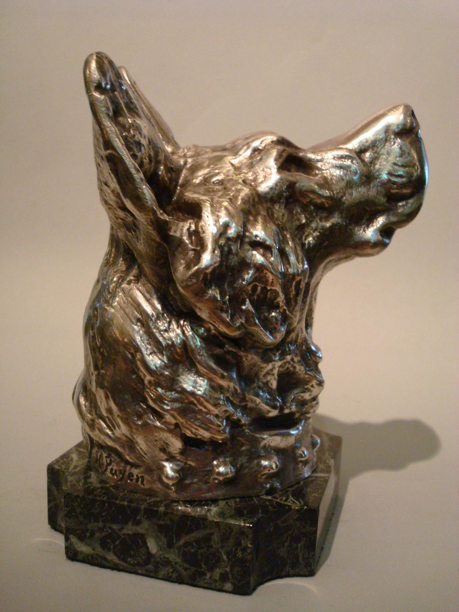 Silvered German Shepherd Dog Bust Paperweight Sculpture / France, 1910 For Sale