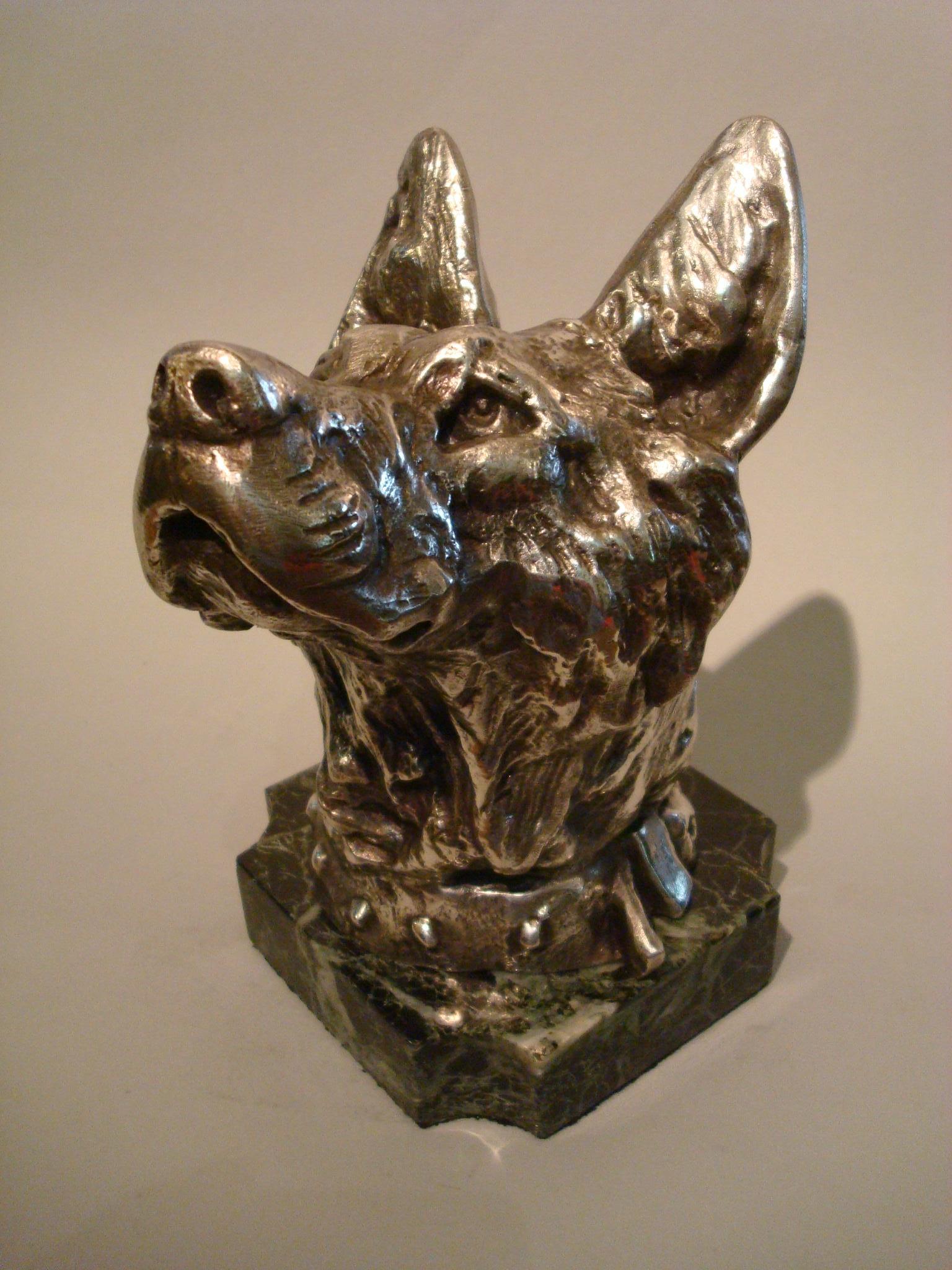 Metal German Shepherd Dog Bust Paperweight Sculpture / France, 1910 For Sale