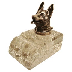 Antique German Shepherd Dog Crystal Inkstand / Inkwell Desk Piece