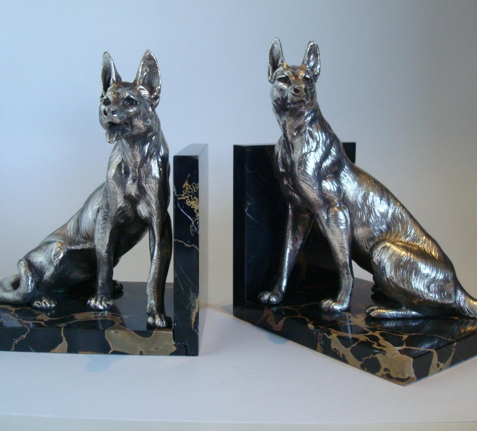 French German Shepherd Dog Sculpture Bookends by Louis-Albert Carvin