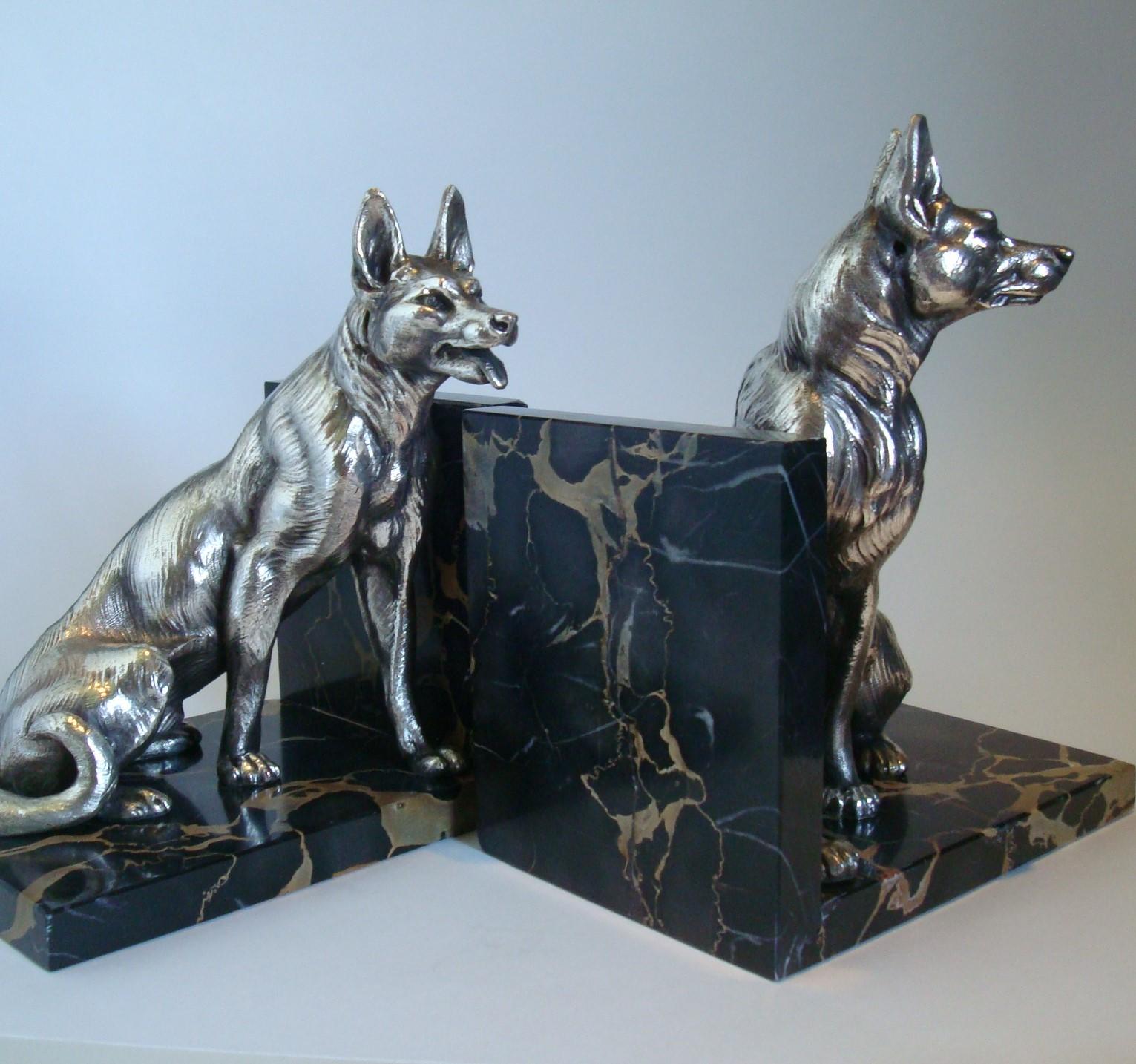 Silvered German Shepherd Dog Sculpture Bookends by Louis-Albert Carvin