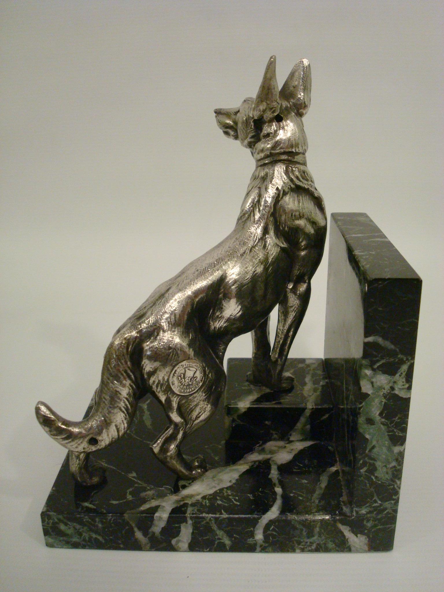 Silvered German Shepherd Dog Sculpture Bookends by Louis-Albert Carvin For Sale