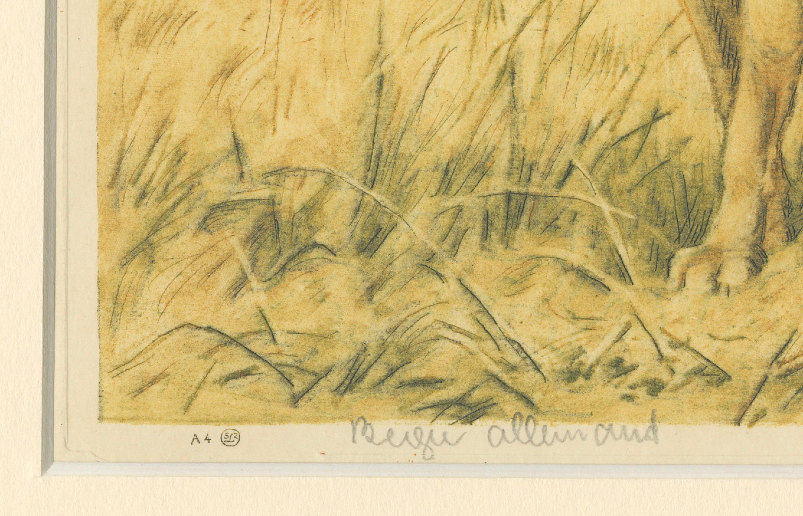 German Shepherd in a Scenic Meadow – Hand-Colored Aquatint by Paul Wood  

This original hand-colored aquatint by Paul Wood (1897–1964) showcases a regal German Shepherd standing alert in a picturesque meadow. The print captures the dog's noble