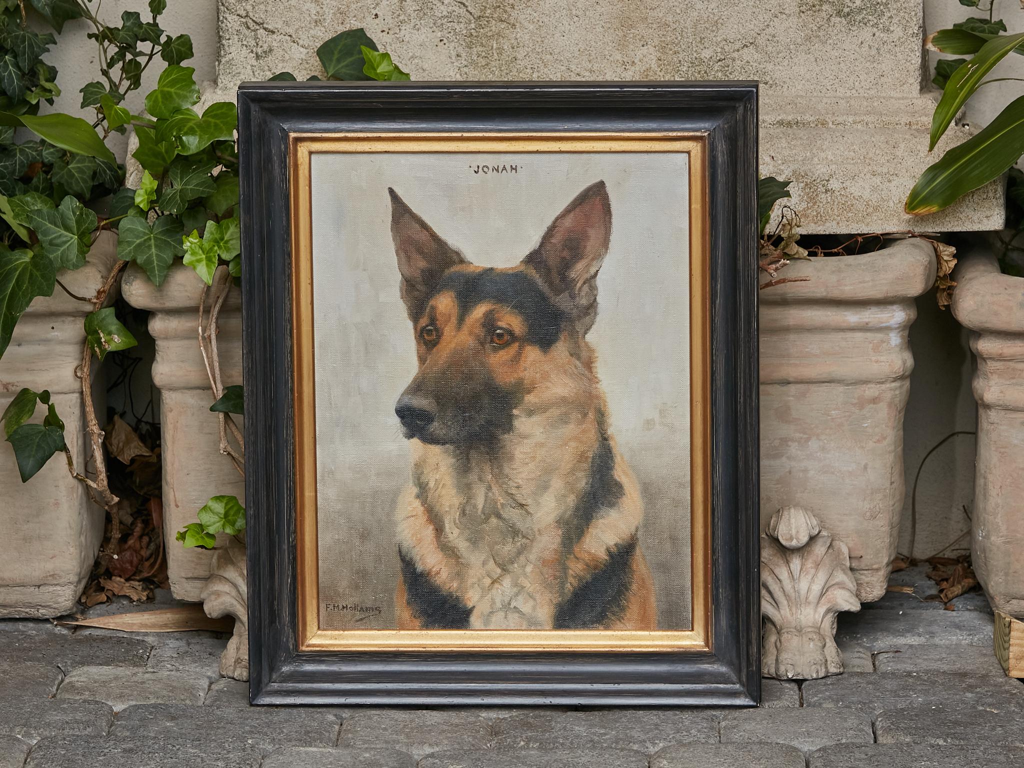 An English oil on canvas dog painting signed H.M Hollams (1877–1963) depicting the bust of a German Shepherd in black and gold frame. Immerse your home in the timeless charm of this exquisite English oil on canvas dog painting by H.M. Hollams, circa