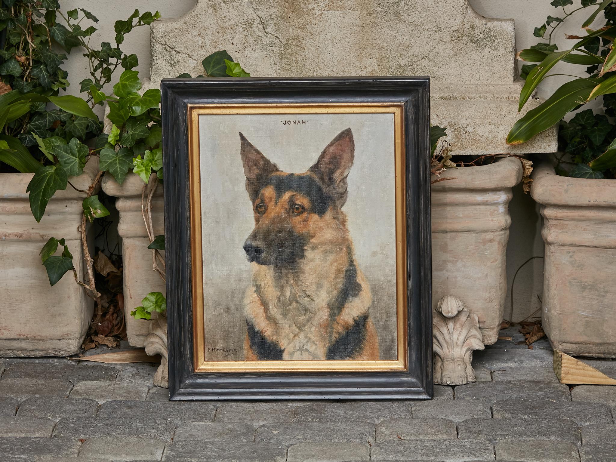 English German Shepherd Painting Signed F.M Hollams, circa 1910 in Black and Gold Frame