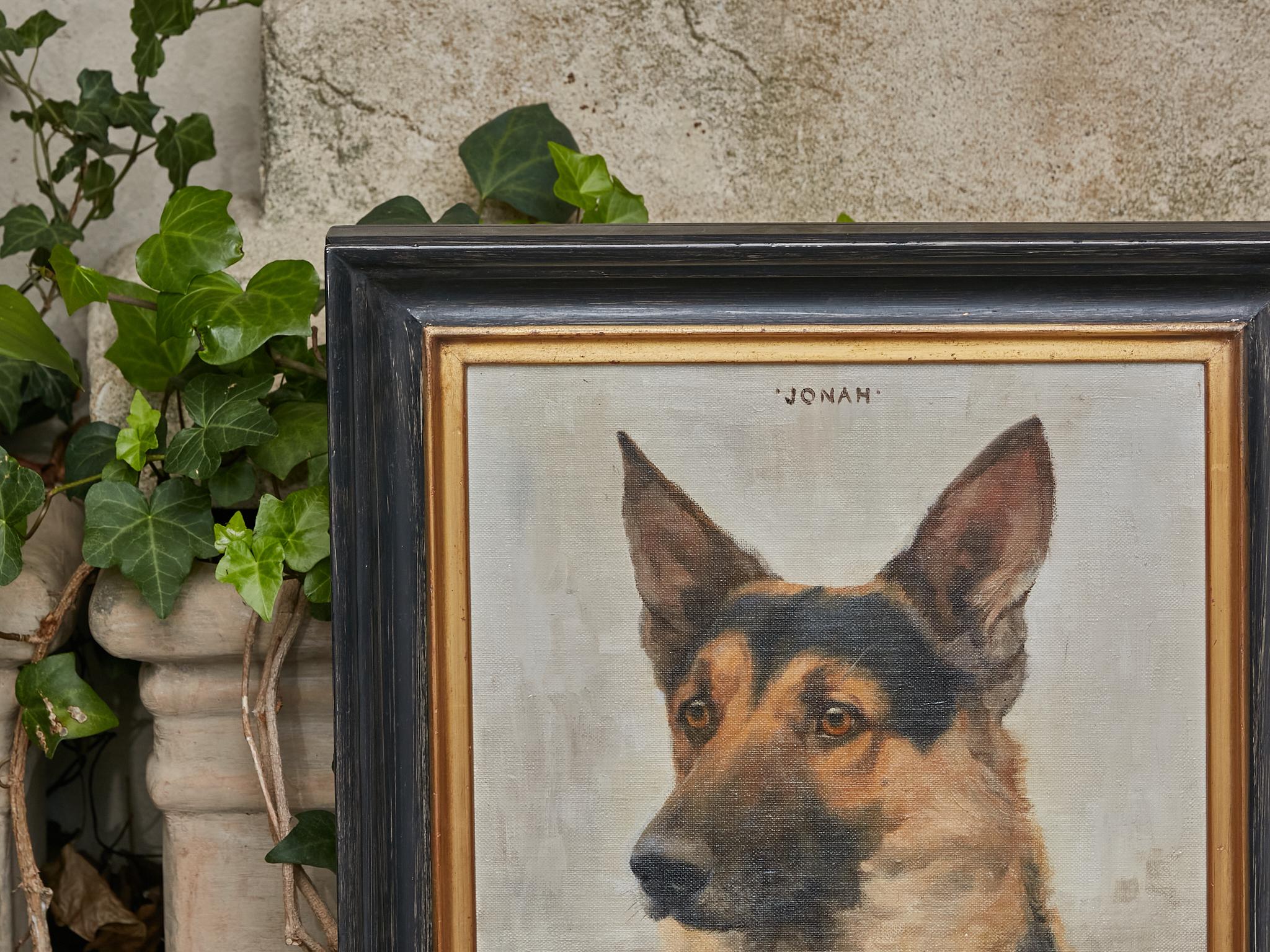 Gilt German Shepherd Painting Signed F.M Hollams, circa 1910 in Black and Gold Frame