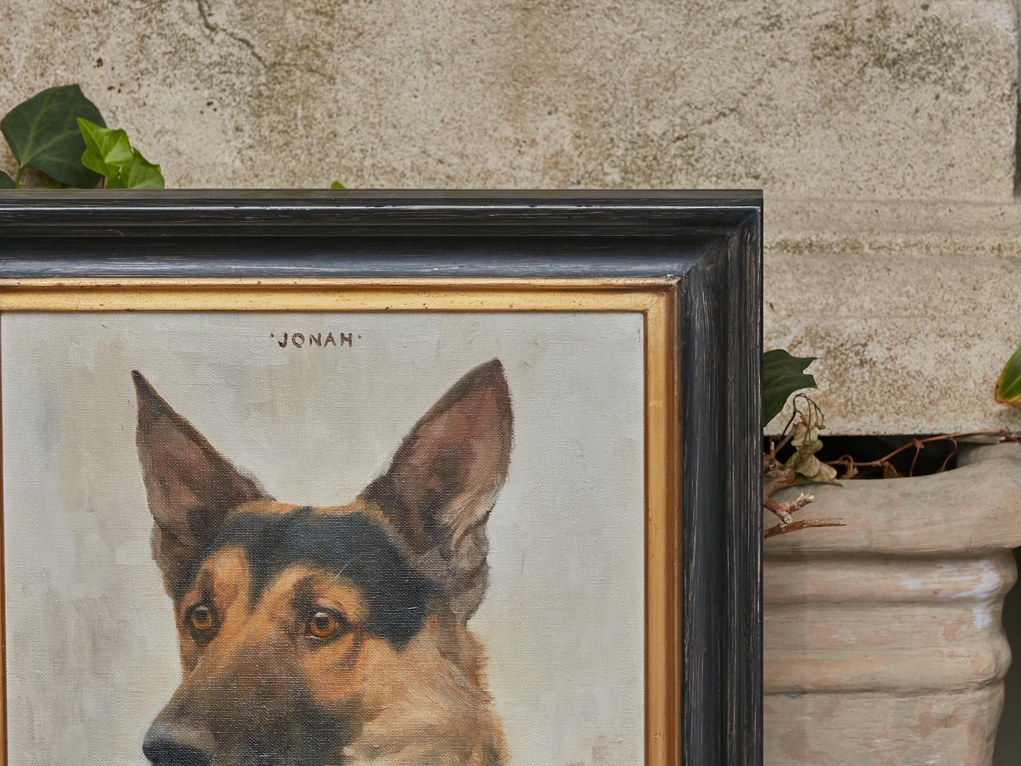 German Shepherd Painting Signed F.M Hollams, circa 1910 in Black and Gold Frame In Good Condition In Atlanta, GA