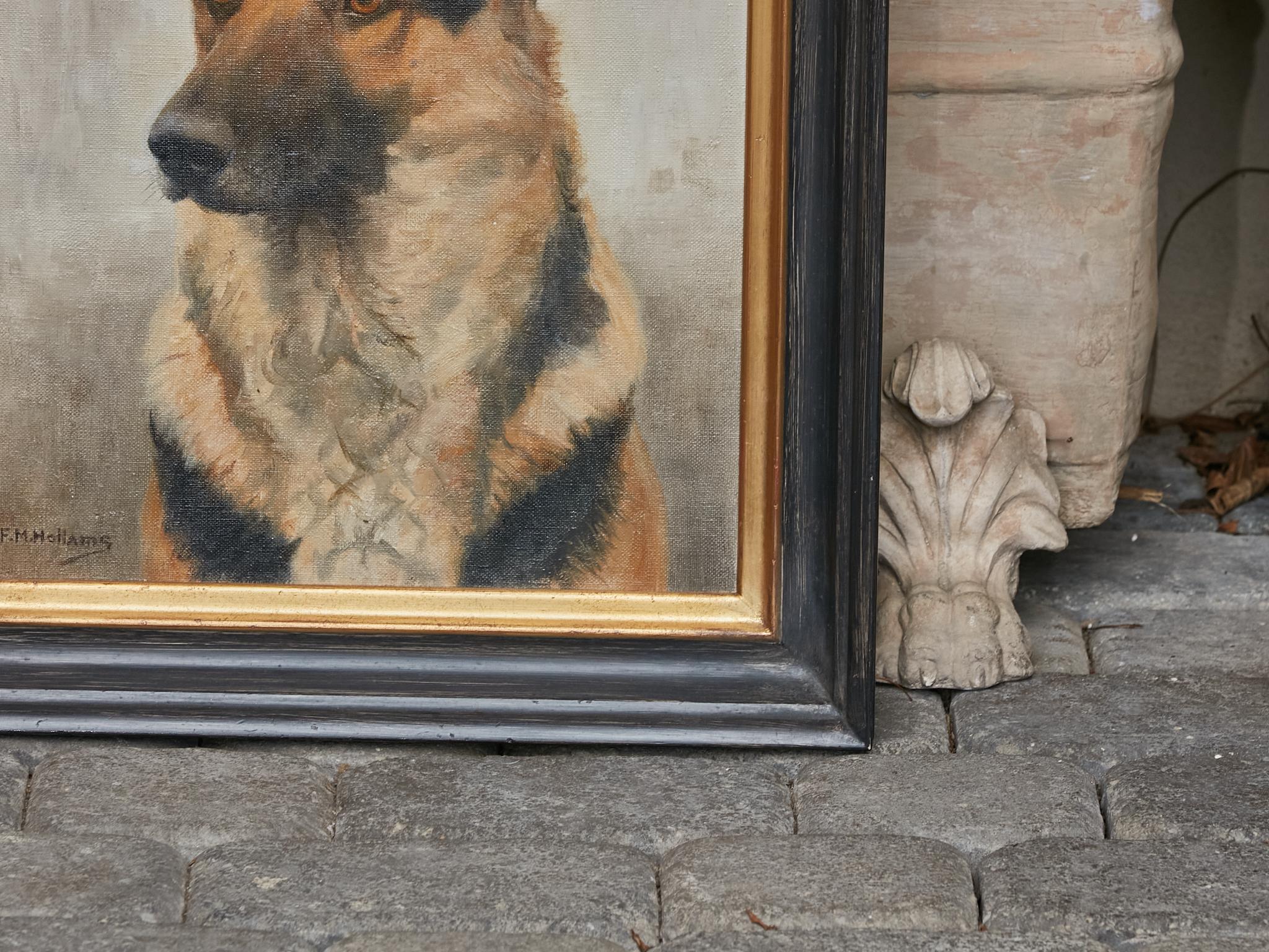 20th Century German Shepherd Painting Signed F.M Hollams, circa 1910 in Black and Gold Frame