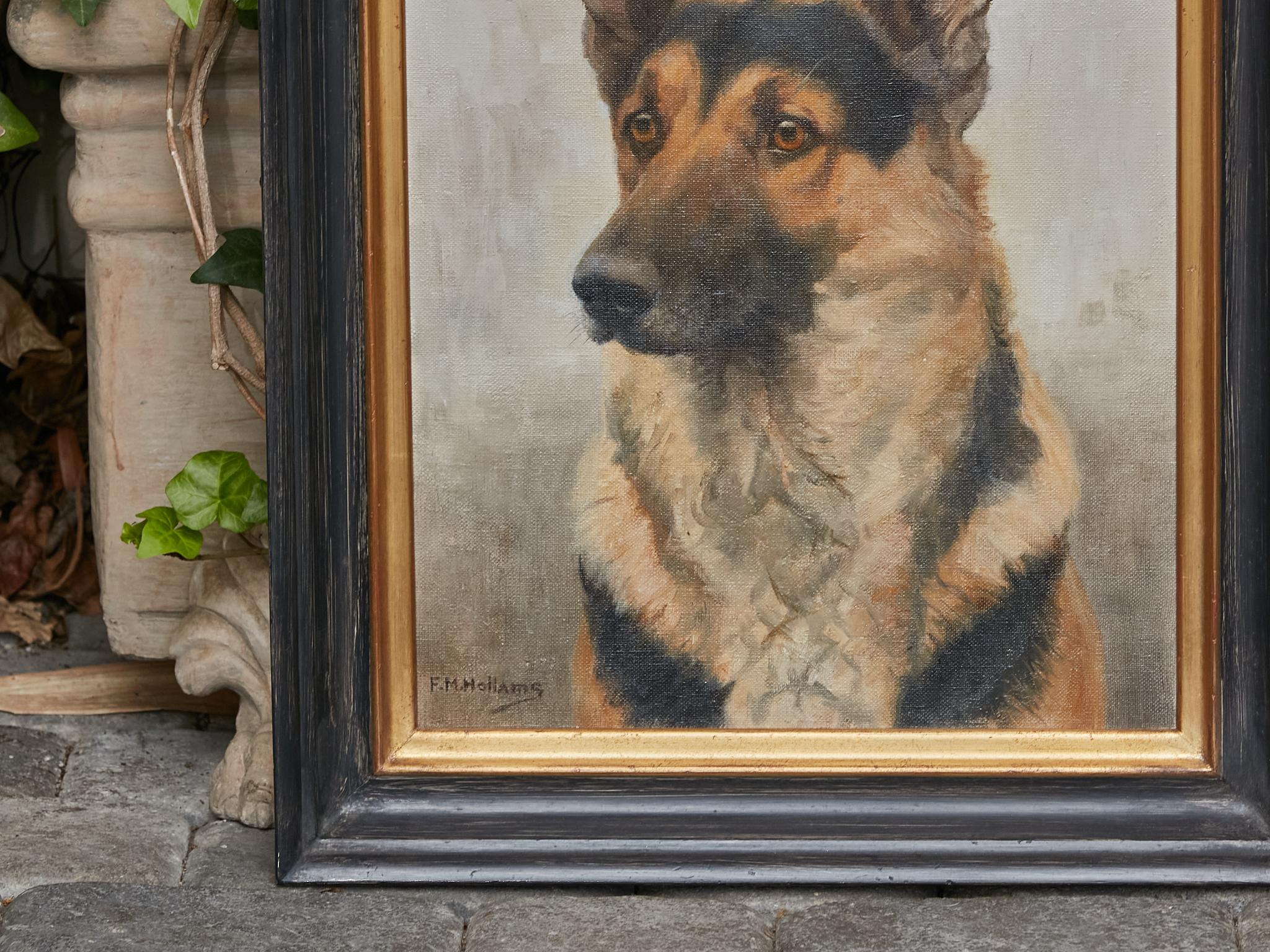 Canvas German Shepherd Painting Signed F.M Hollams, circa 1910 in Black and Gold Frame